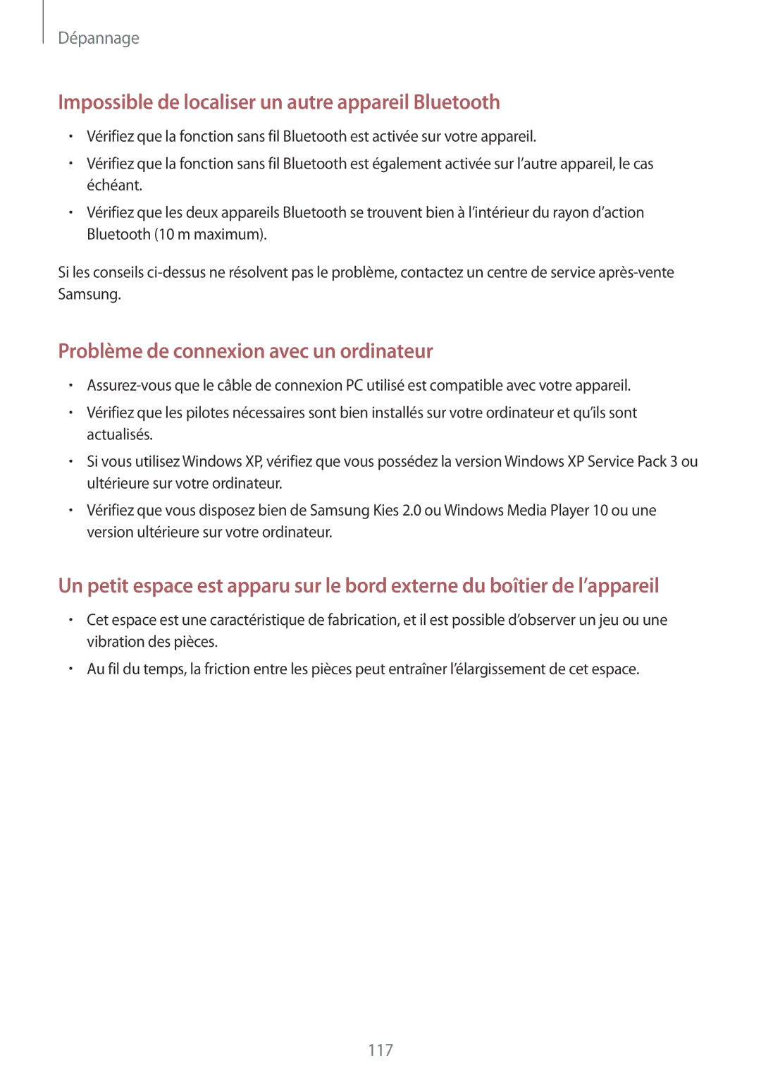 Samsung GT-I8190RWNSFR, GT-I8190RWNNRJ, GT-I8190RWNLPM, GT-I8190MBNSFR Impossible de localiser un autre appareil Bluetooth 