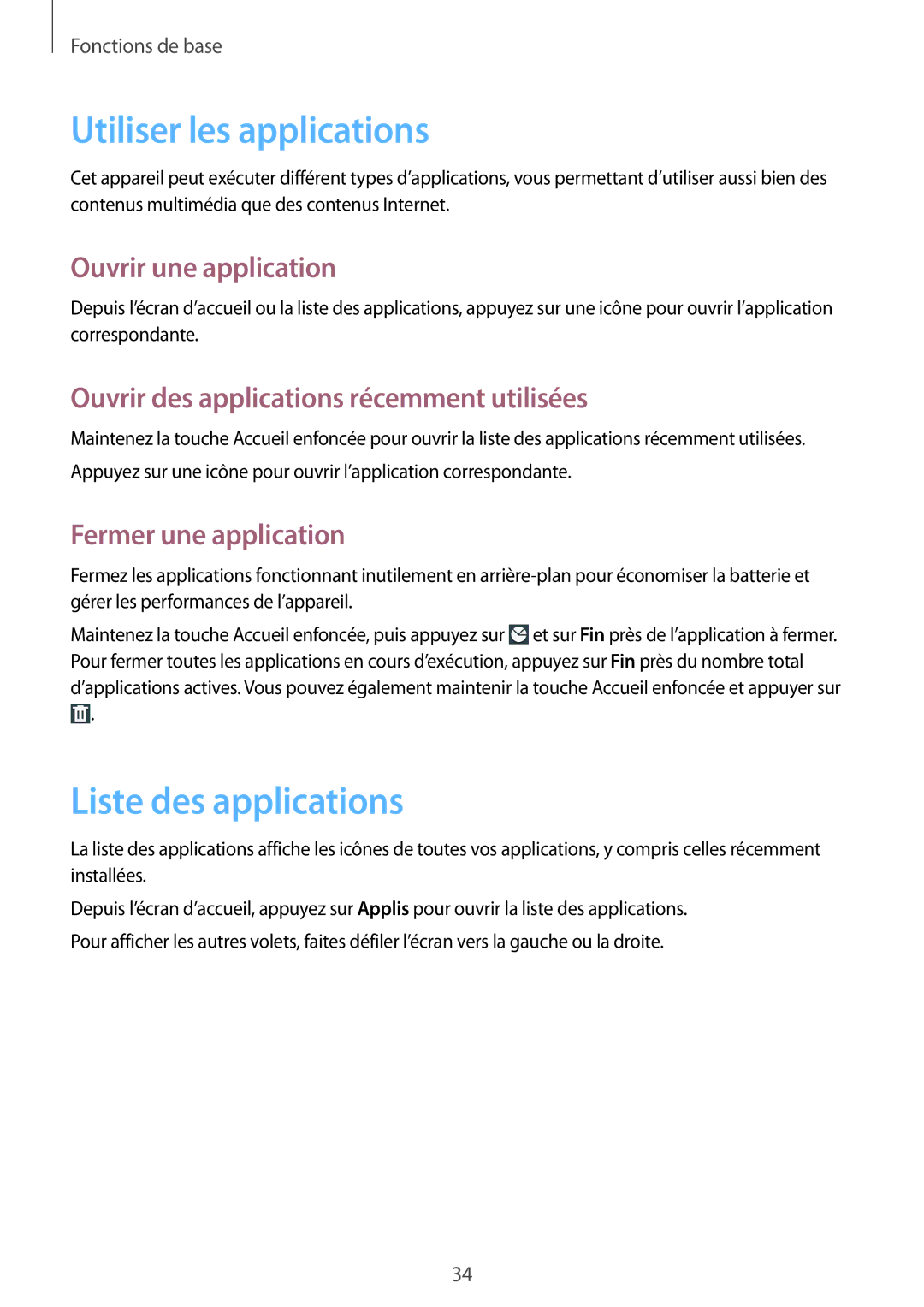 Samsung GT-I8190MBNNRJ Utiliser les applications, Liste des applications, Ouvrir une application, Fermer une application 