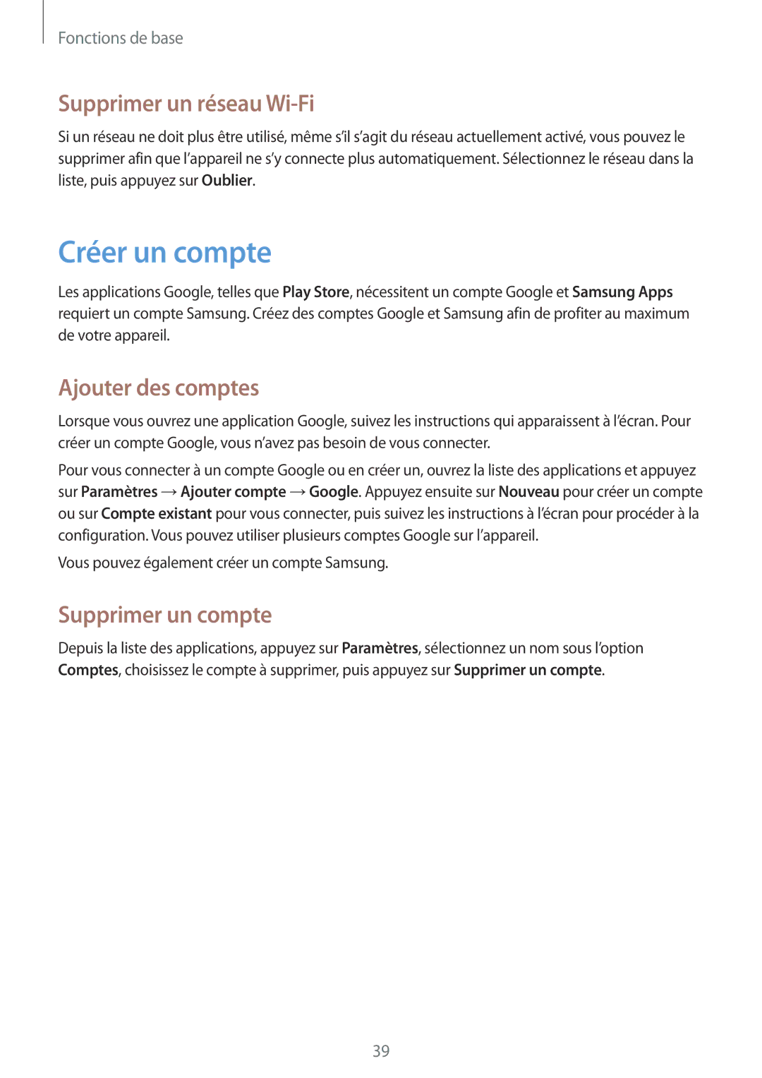 Samsung GT-I8190RWNFTM manual Créer un compte, Supprimer un réseau Wi-Fi, Ajouter des comptes, Supprimer un compte 