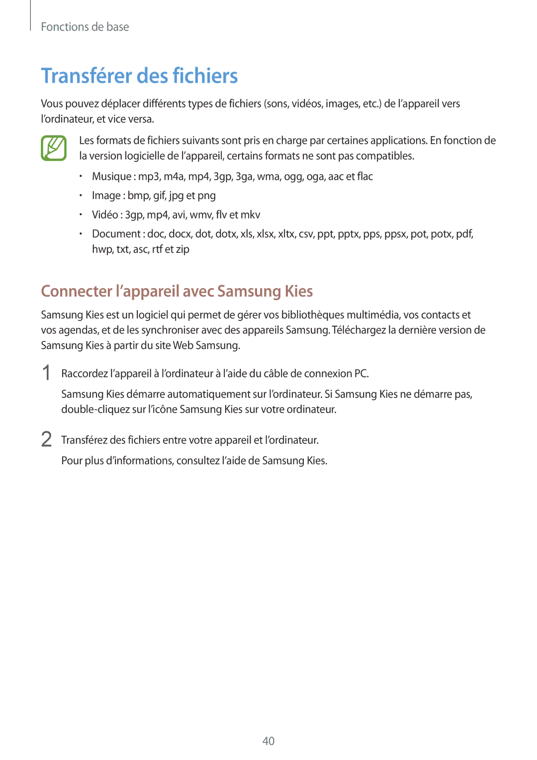 Samsung GT-I8190RWNSFR, GT-I8190RWNNRJ, GT-I8190RWNLPM manual Transférer des fichiers, Connecter l’appareil avec Samsung Kies 