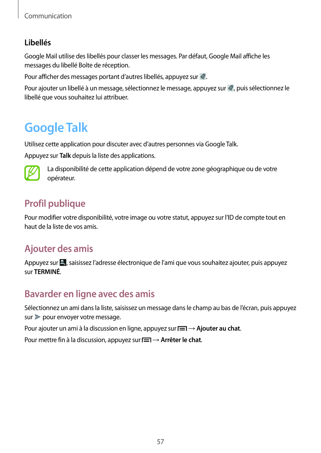 Samsung GT-I8190RWNLPM manual Google Talk, Profil publique, Ajouter des amis, Bavarder en ligne avec des amis, Libellés 