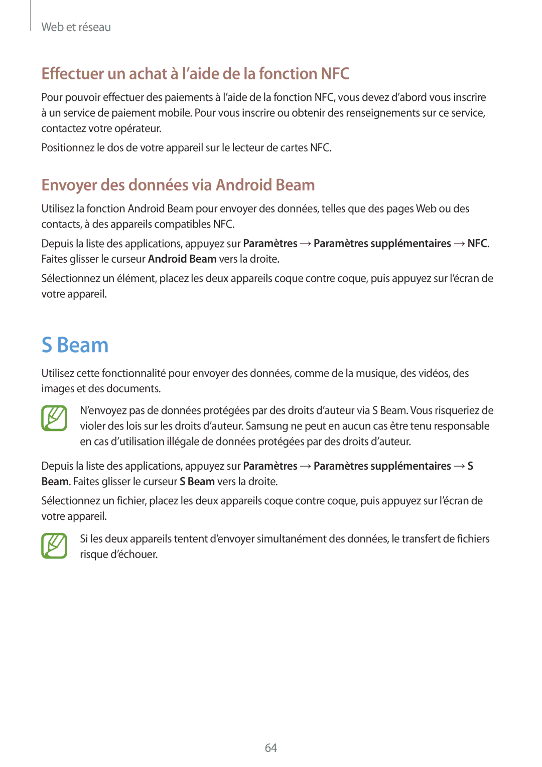 Samsung GT-I8190RWNLPM manual Effectuer un achat à l’aide de la fonction NFC, Envoyer des données via Android Beam 