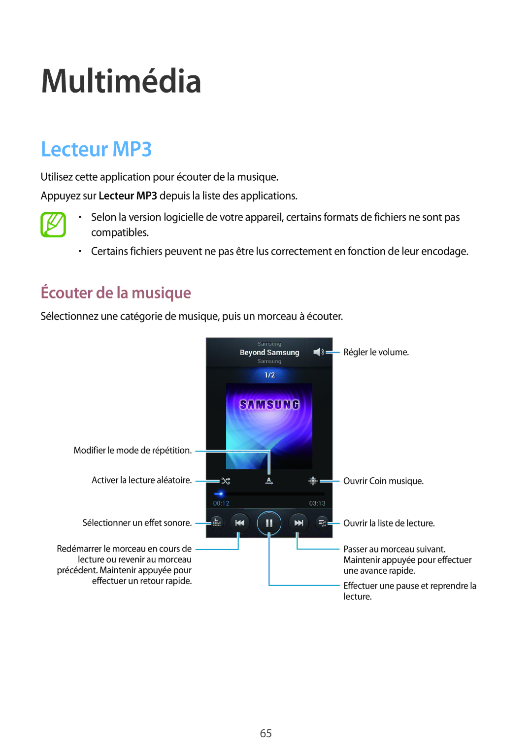 Samsung GT-I8190MBNSFR, GT-I8190RWNNRJ, GT-I8190RWNLPM, GT-I8190TANFTM manual Multimédia, Lecteur MP3, Écouter de la musique 