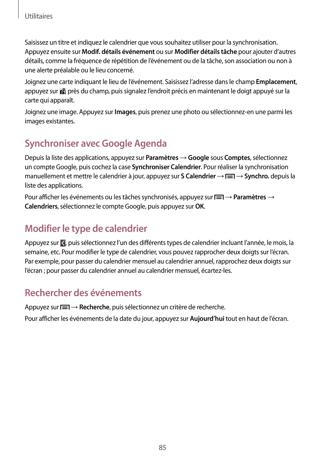 Samsung GT-I8190RWNLPM manual Synchroniser avec Google Agenda, Modifier le type de calendrier, Rechercher des événements 