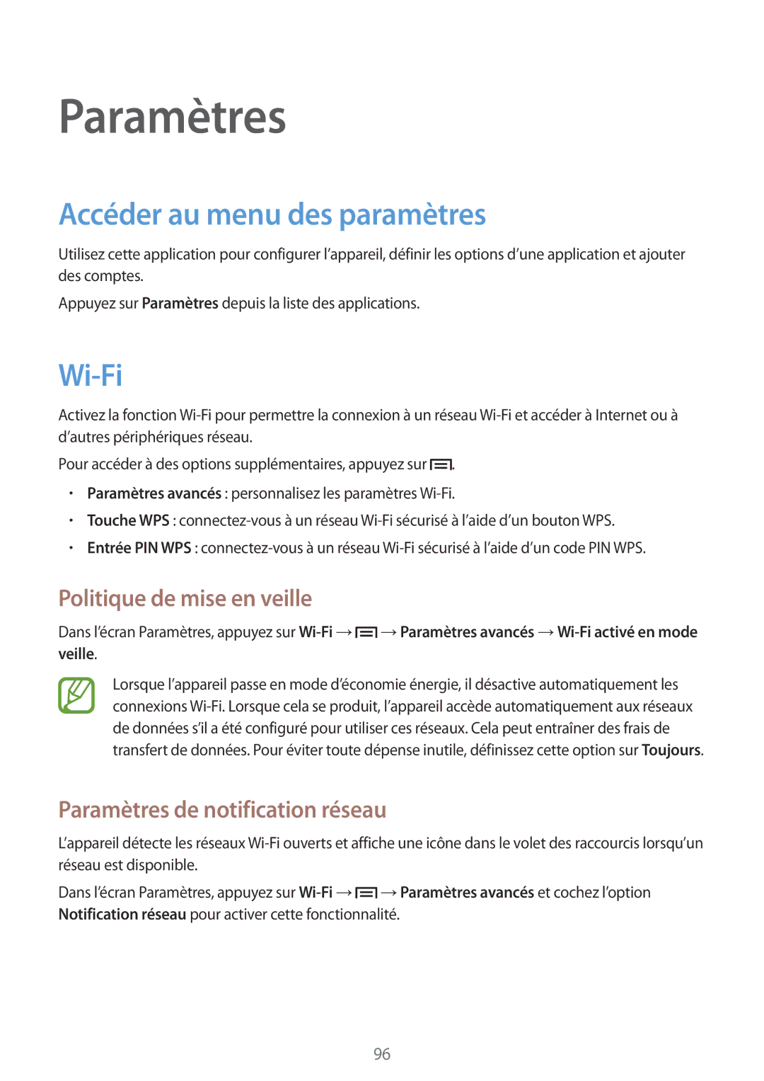 Samsung GT-I8190RWNSFR, GT-I8190RWNNRJ manual Paramètres, Accéder au menu des paramètres, Wi-Fi, Politique de mise en veille 