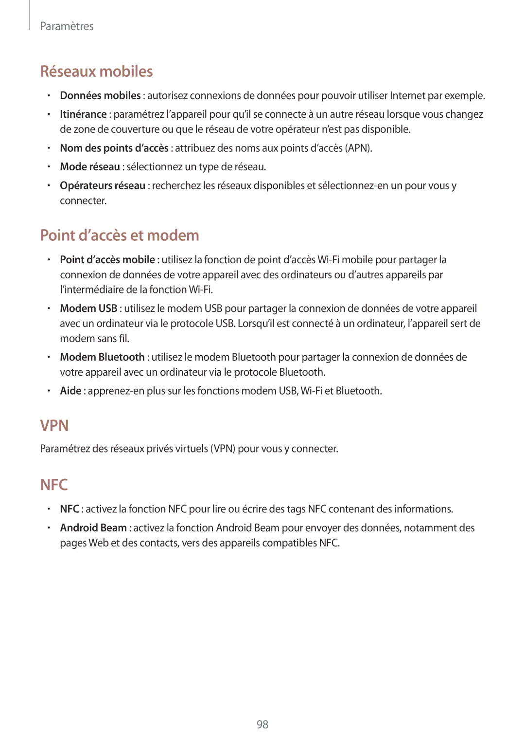 Samsung GT-I8190RWNNRJ, GT-I8190RWNLPM, GT-I8190MBNSFR, GT-I8190TANFTM manual Réseaux mobiles, Point d’accès et modem 