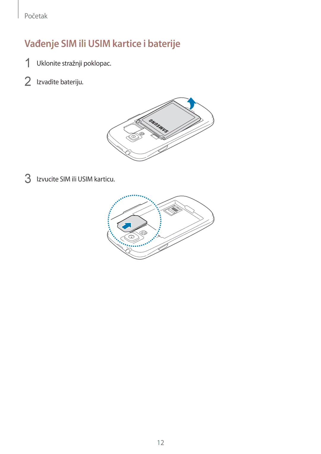 Samsung GT-I8190MBNVIP, GT-I8190RWNVIP, GT-I8190RWACRO, GT-I8190RWASEE manual Vađenje SIM ili Usim kartice i baterije 