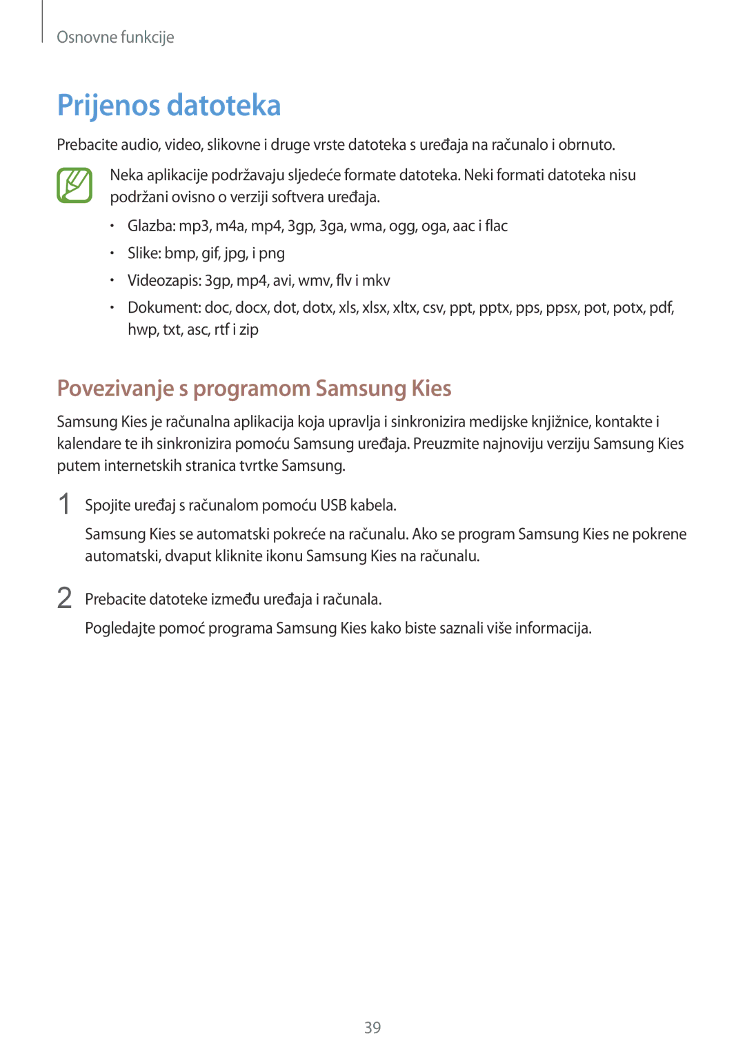 Samsung GT-I8190MBACRO, GT-I8190RWNVIP, GT-I8190MBNVIP manual Prijenos datoteka, Povezivanje s programom Samsung Kies 