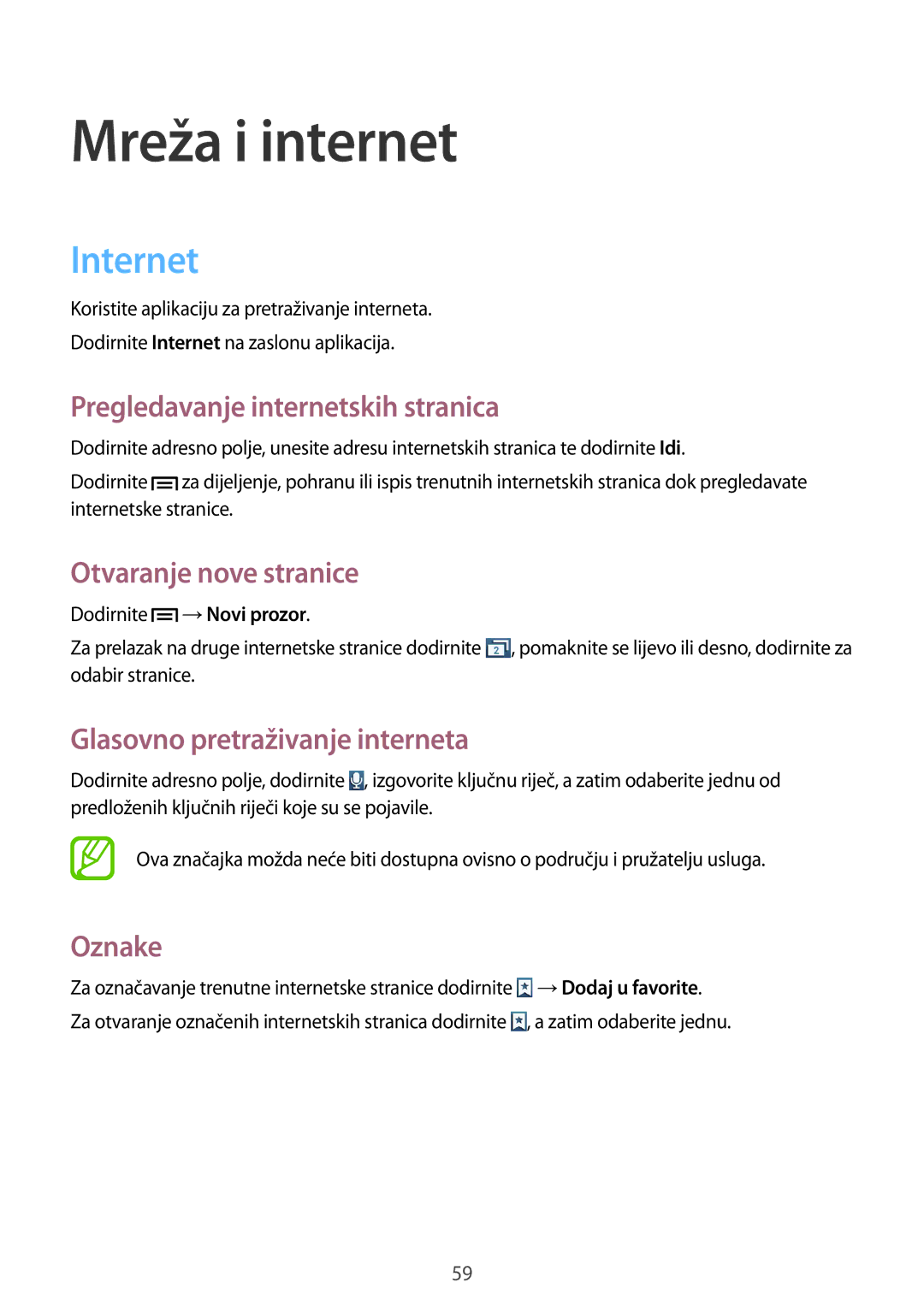 Samsung GT-I8190TAACRO, GT-I8190RWNVIP, GT-I8190MBNVIP, GT-I8190RWACRO, GT-I8190RWASEE manual Mreža i internet, Internet 