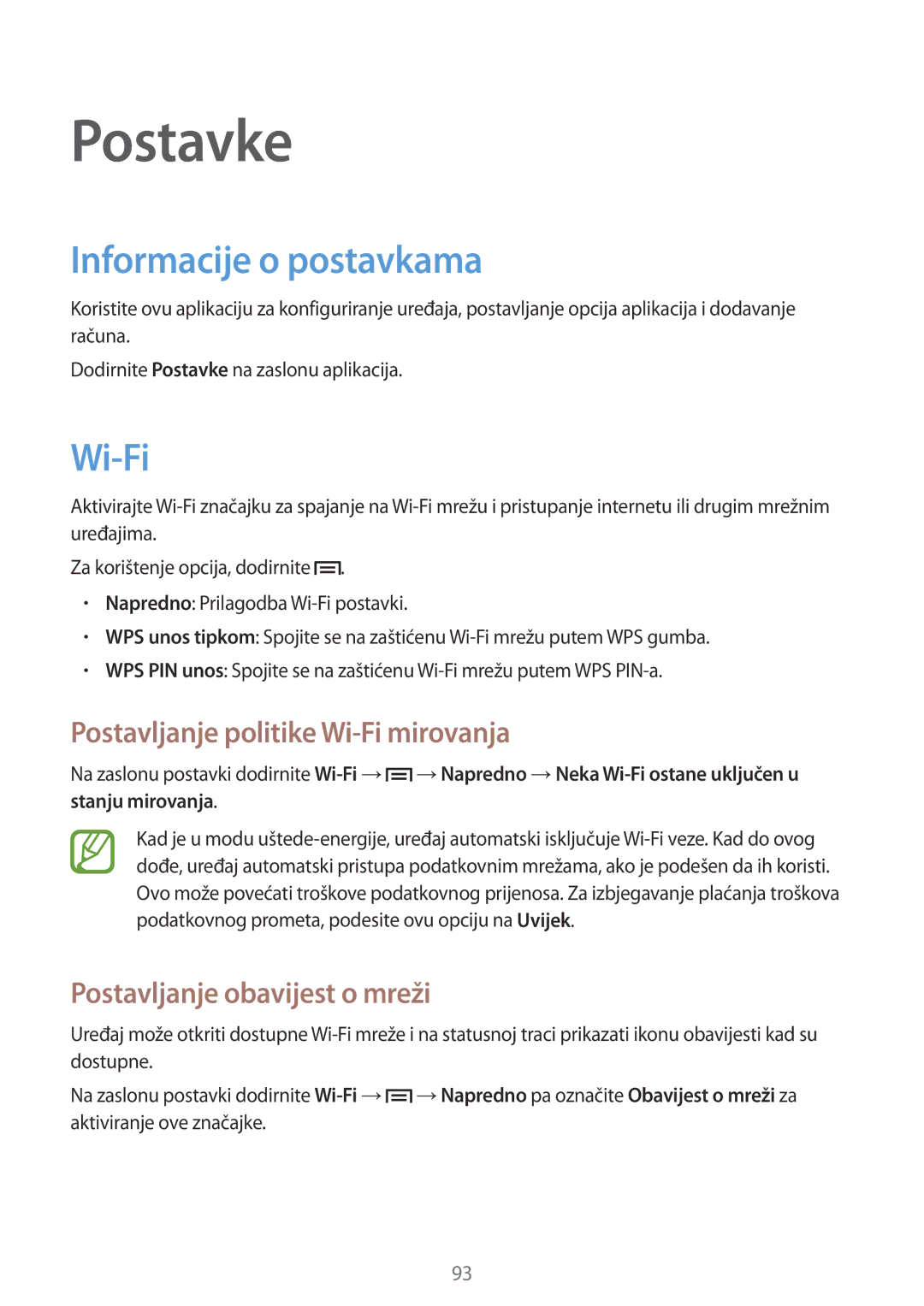 Samsung GT-I8190MBATWO, GT-I8190RWNVIP manual Postavke, Informacije o postavkama, Postavljanje politike Wi-Fi mirovanja 