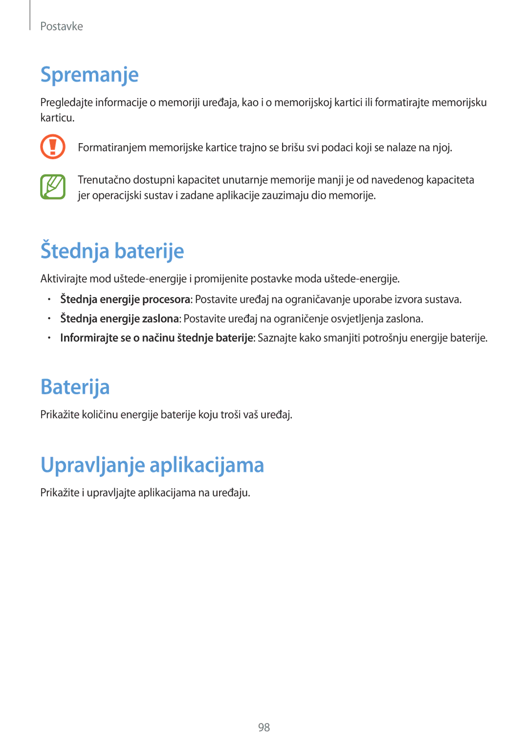 Samsung GT-I8190MBASEE, GT-I8190RWNVIP, GT-I8190MBNVIP manual Spremanje, Štednja baterije, Baterija, Upravljanje aplikacijama 