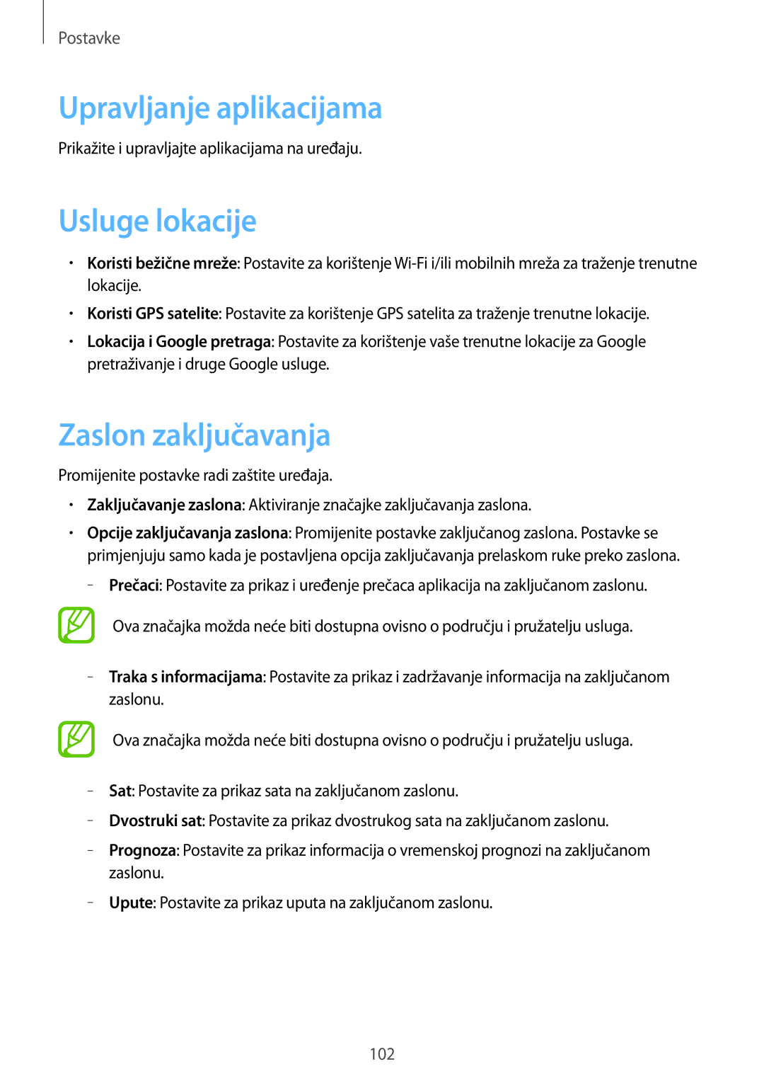 Samsung GT-I8190RWNVIP, GT-I8190MBNVIP manual Upravljanje aplikacijama, Usluge lokacije, Zaslon zaključavanja 