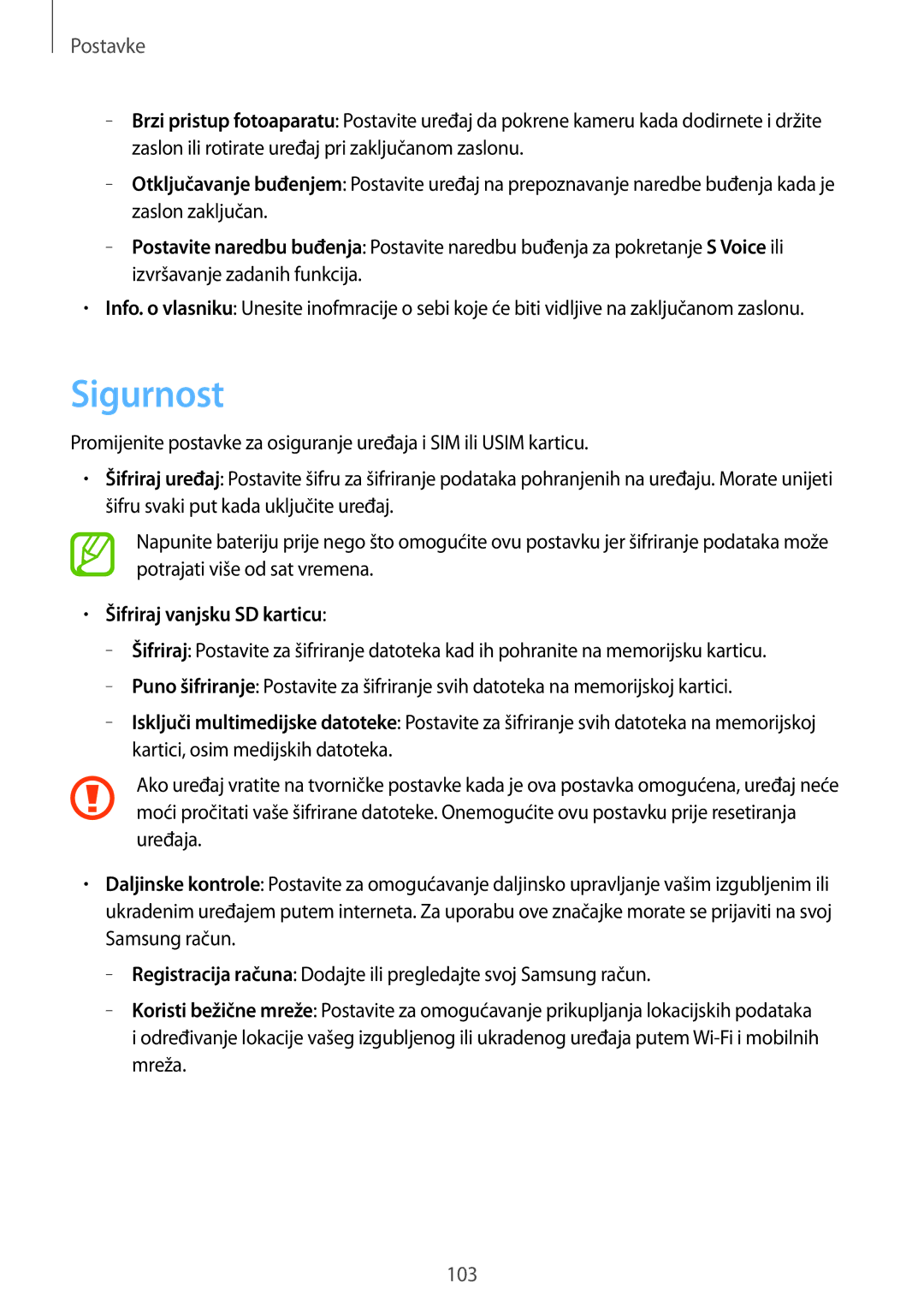 Samsung GT-I8190MBNVIP, GT-I8190RWNVIP manual Sigurnost, Šifriraj vanjsku SD karticu 