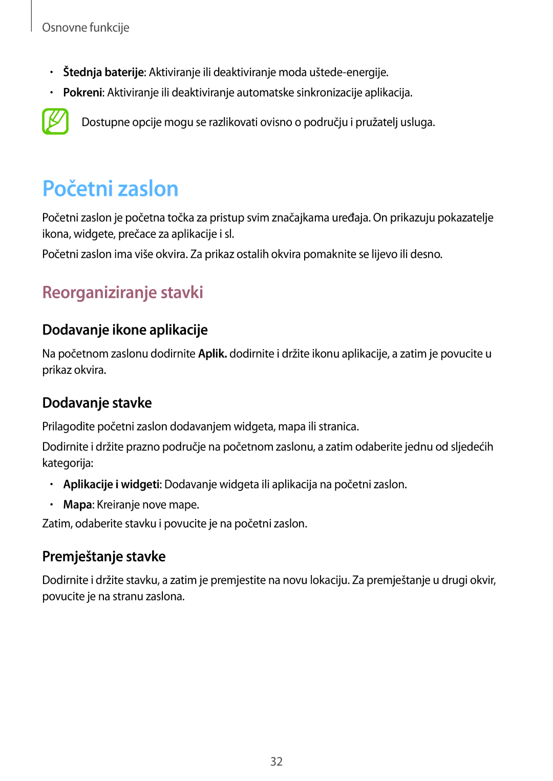 Samsung GT-I8190RWNVIP manual Početni zaslon, Reorganiziranje stavki, Dodavanje ikone aplikacije, Dodavanje stavke 