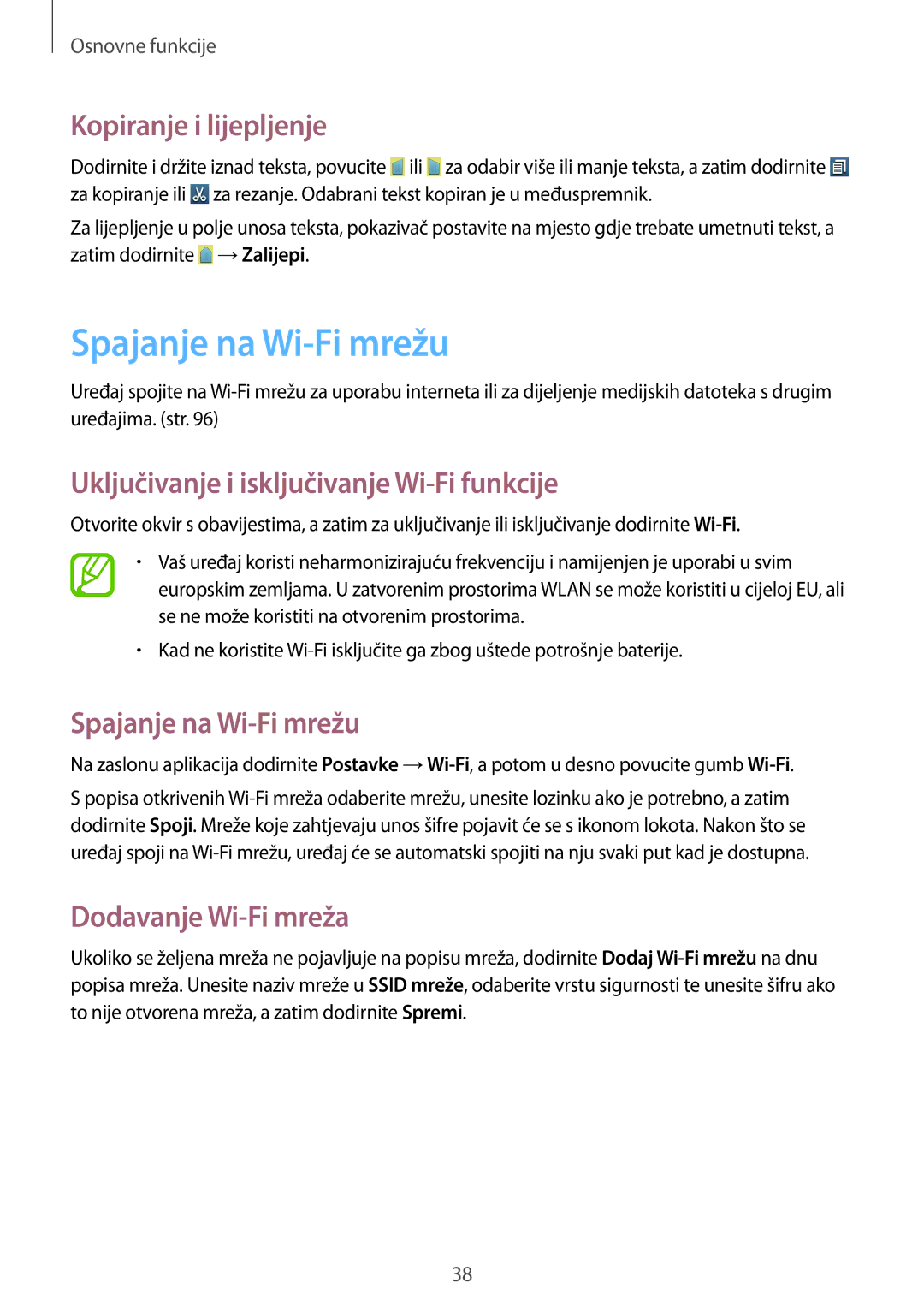 Samsung GT-I8190RWNVIP manual Spajanje na Wi-Fi mrežu, Kopiranje i lijepljenje, Uključivanje i isključivanje Wi-Fi funkcije 