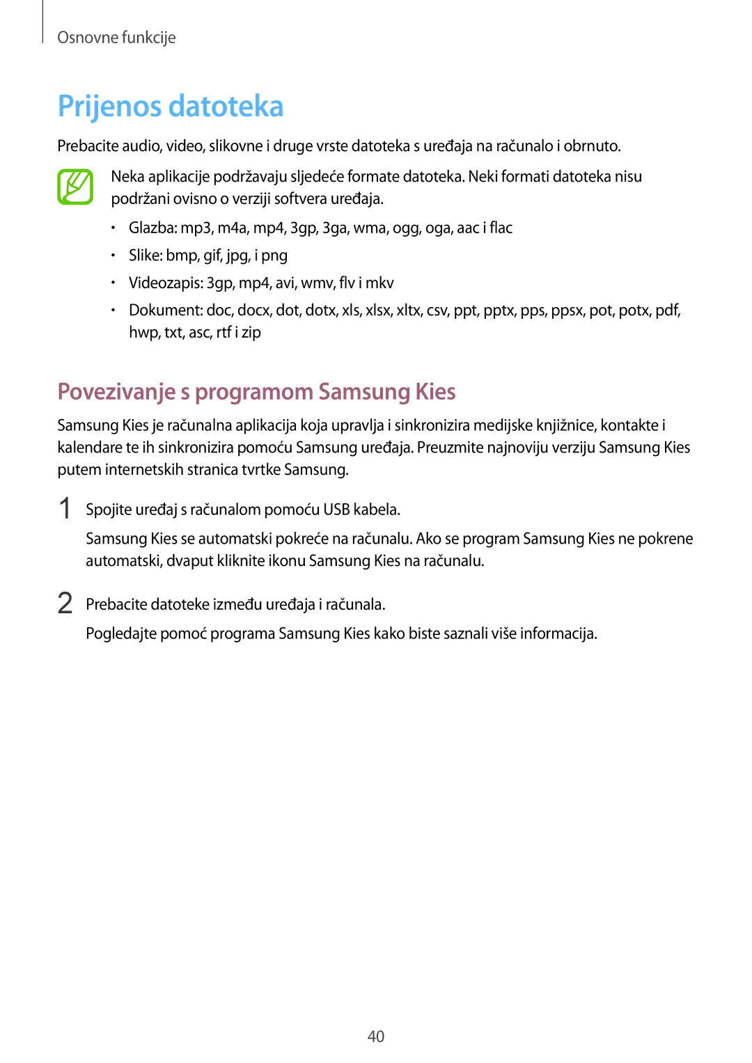 Samsung GT-I8190RWNVIP, GT-I8190MBNVIP manual Prijenos datoteka, Povezivanje s programom Samsung Kies 