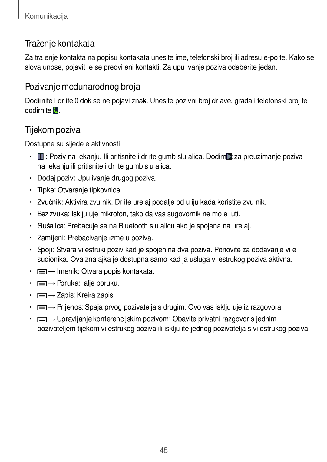 Samsung GT-I8190MBNVIP, GT-I8190RWNVIP manual Traženje kontakata, Pozivanje međunarodnog broja, Tijekom poziva 