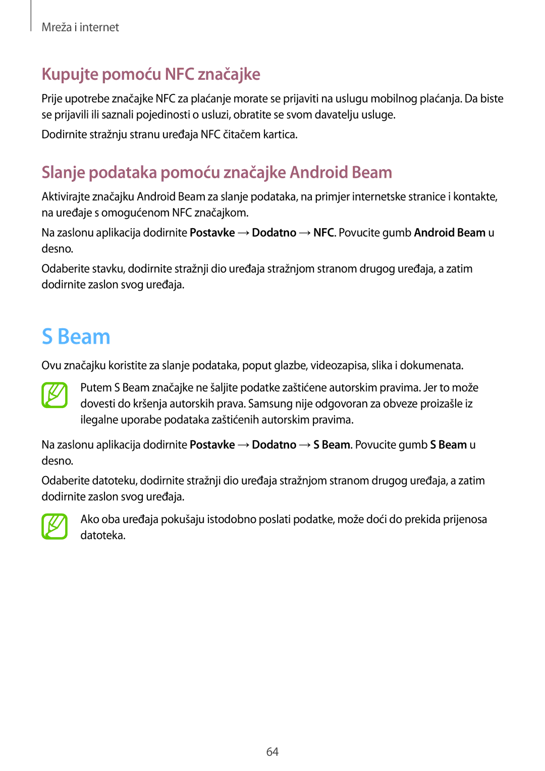 Samsung GT-I8190RWNVIP, GT-I8190MBNVIP manual Kupujte pomoću NFC značajke, Slanje podataka pomoću značajke Android Beam 