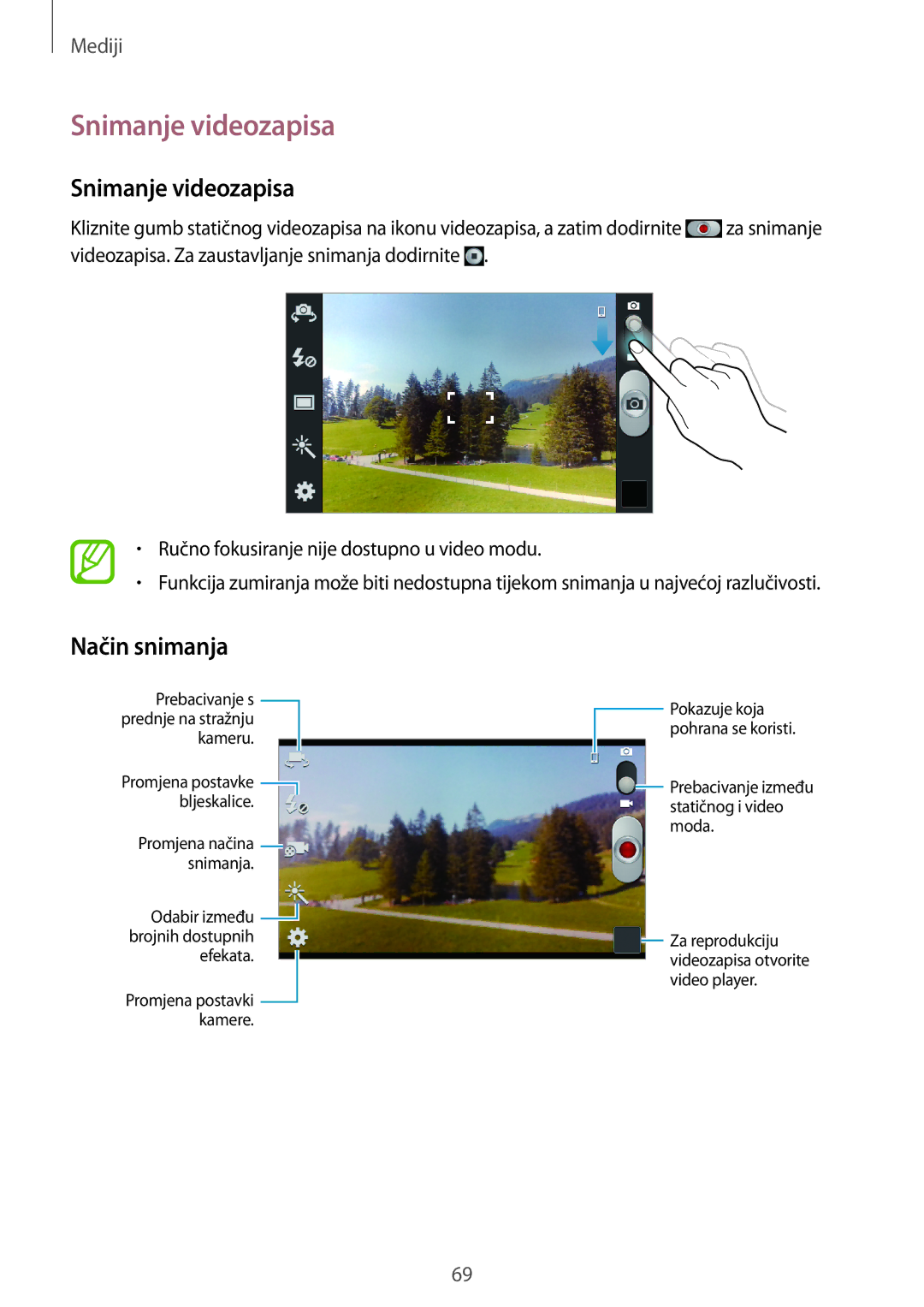 Samsung GT-I8190MBNVIP, GT-I8190RWNVIP manual Snimanje videozapisa, Način snimanja 