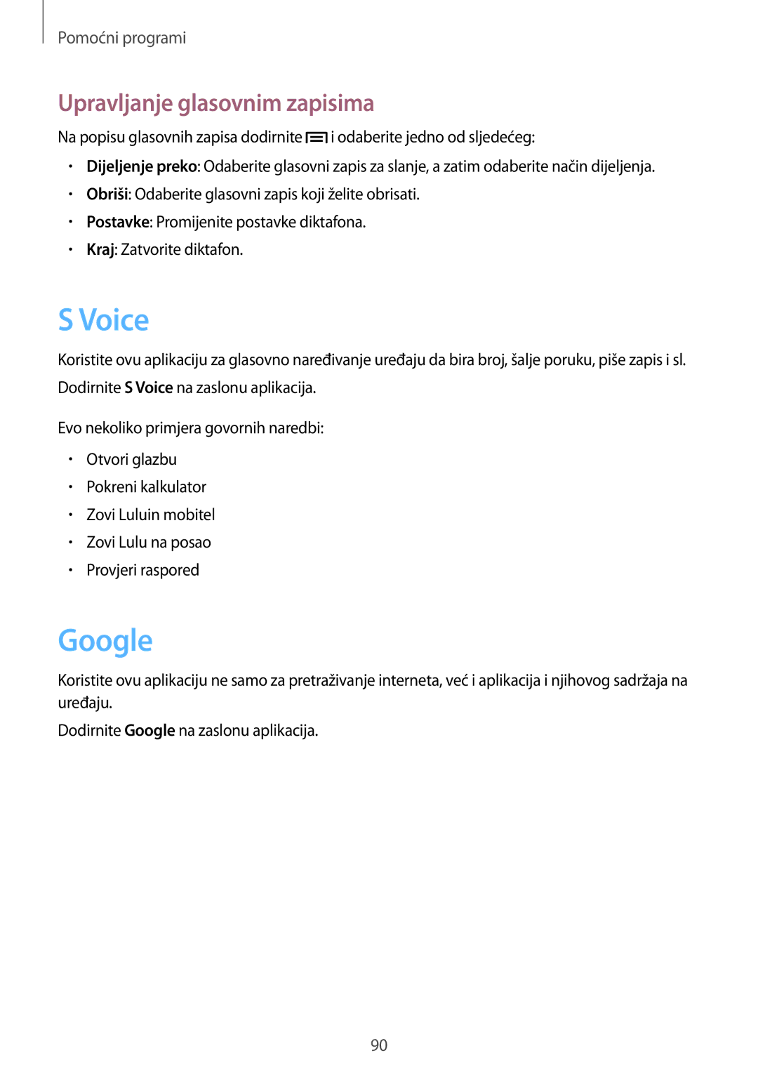 Samsung GT-I8190RWNVIP, GT-I8190MBNVIP manual Voice, Google, Upravljanje glasovnim zapisima 