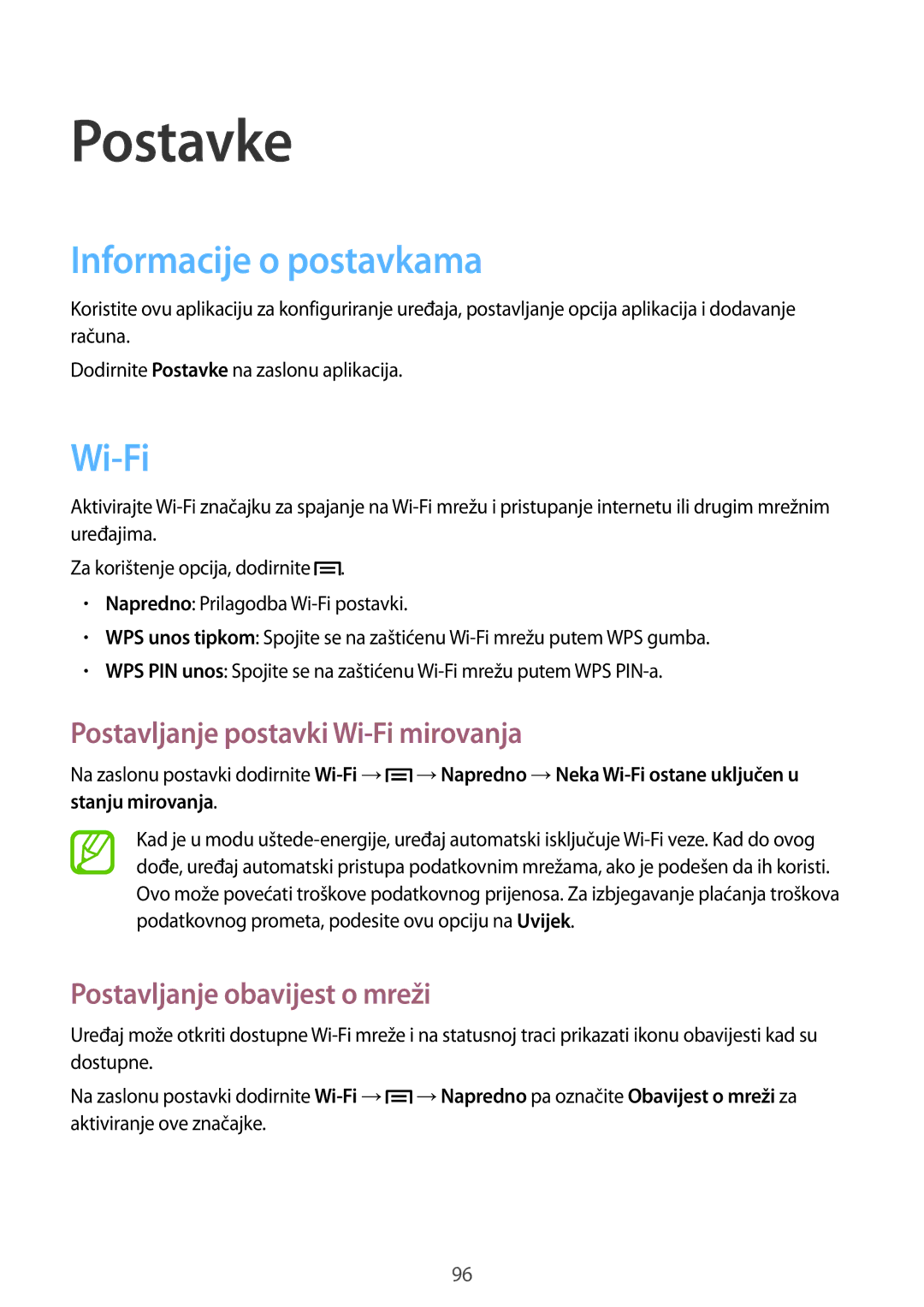 Samsung GT-I8190RWNVIP, GT-I8190MBNVIP manual Postavke, Informacije o postavkama, Postavljanje postavki Wi-Fi mirovanja 