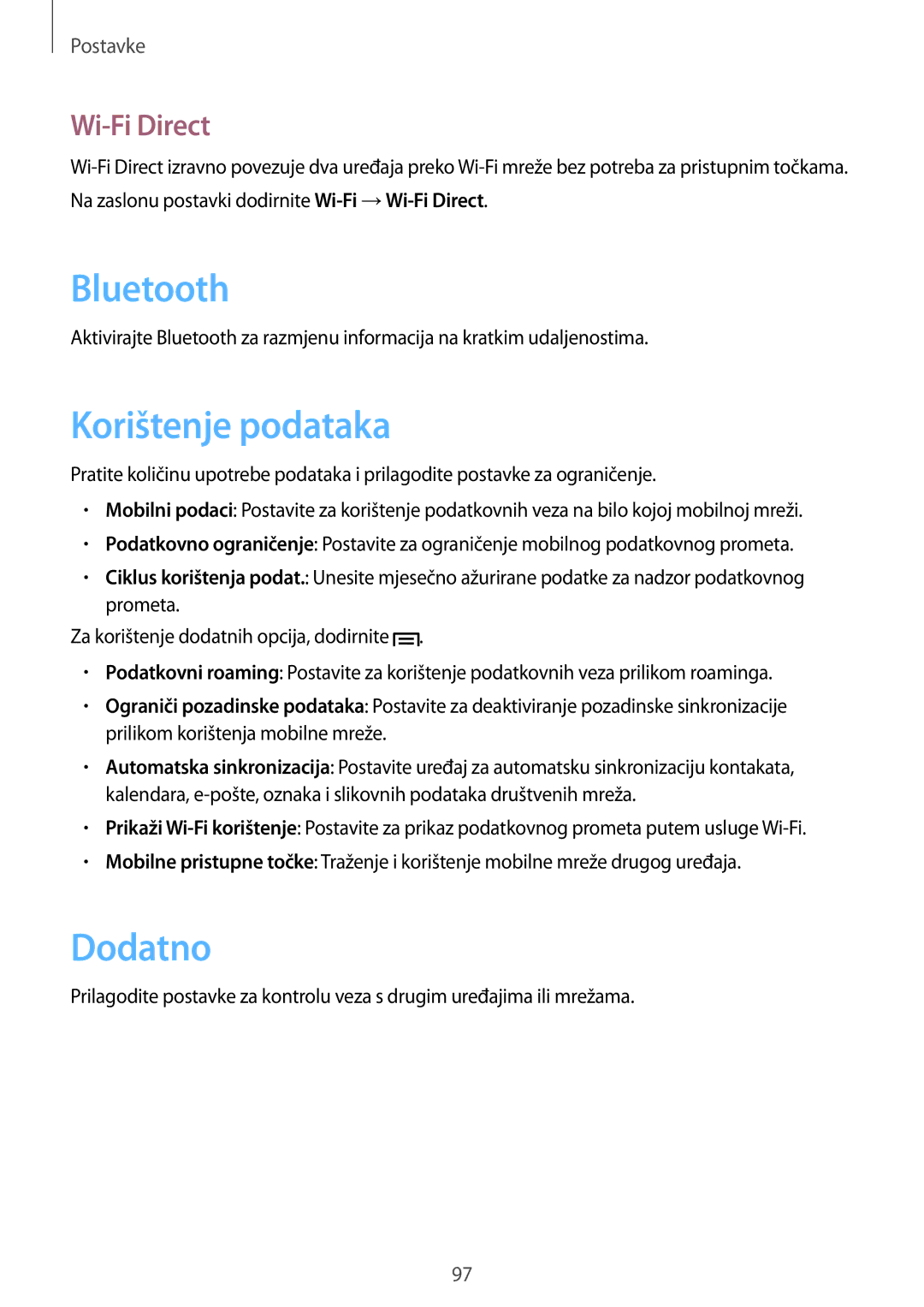 Samsung GT-I8190MBNVIP, GT-I8190RWNVIP manual Korištenje podataka, Dodatno, Wi-Fi Direct 