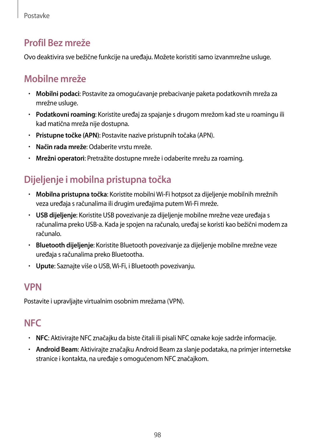 Samsung GT-I8190RWNVIP, GT-I8190MBNVIP manual Profil Bez mreže, Mobilne mreže, Dijeljenje i mobilna pristupna točka 