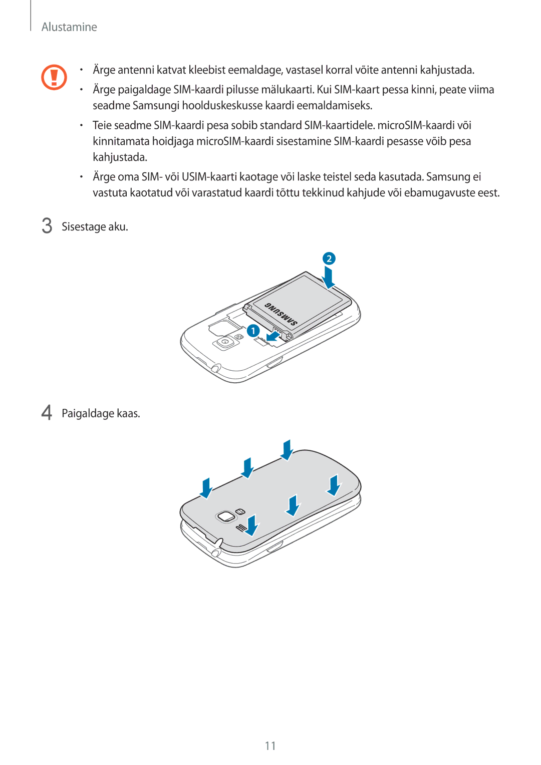 Samsung GT-I8190RWNSEB, GT-I8190ZWWSEB, GT-I8190MBNSEB, GT-I8190ZWZSEB, GT-I8190MBASEB manual Sisestage aku Paigaldage kaas 