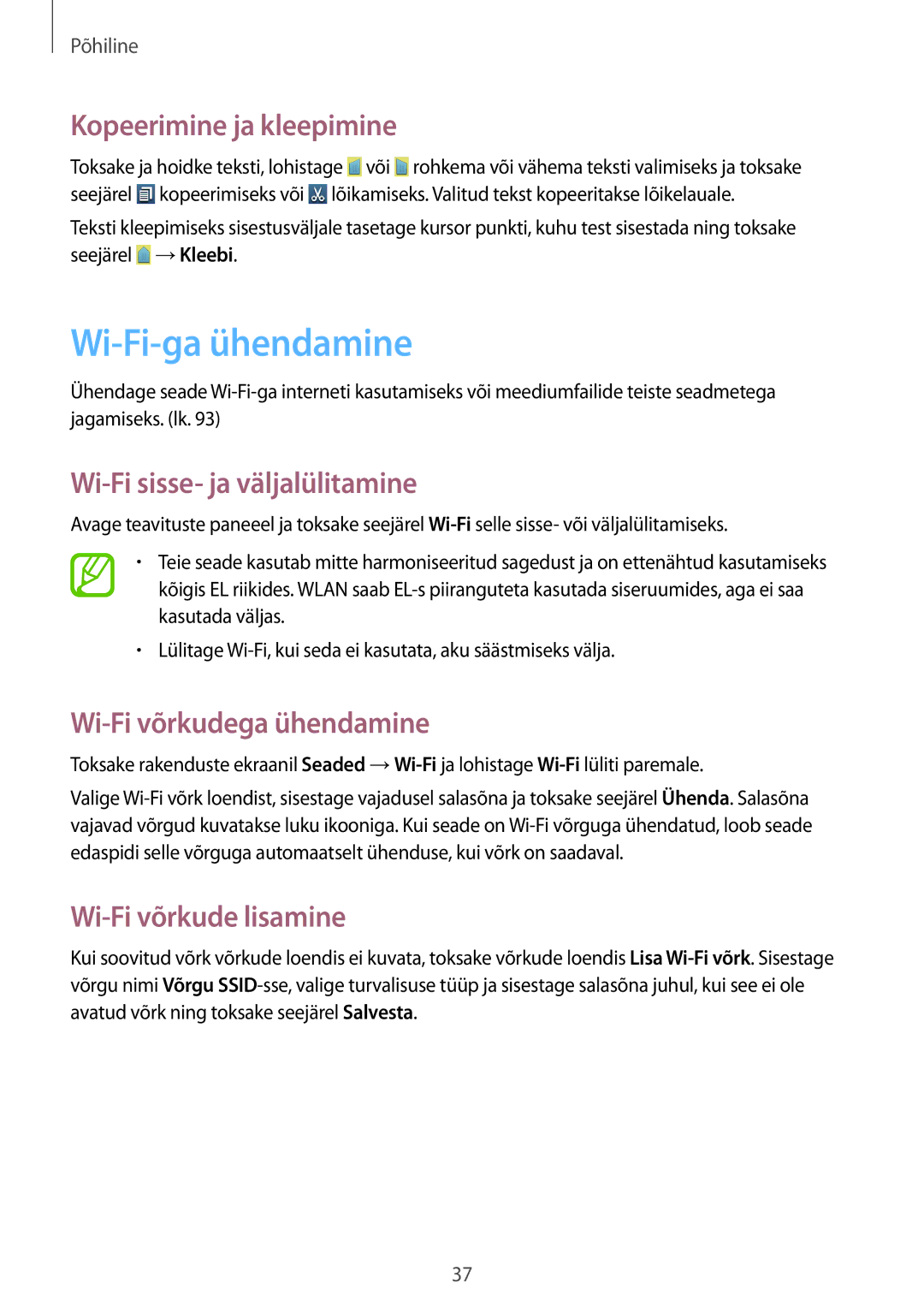 Samsung GT-I8190OKNSEB, GT-I8190ZWWSEB Wi-Fi-ga ühendamine, Kopeerimine ja kleepimine, Wi-Fi sisse- ja väljalülitamine 