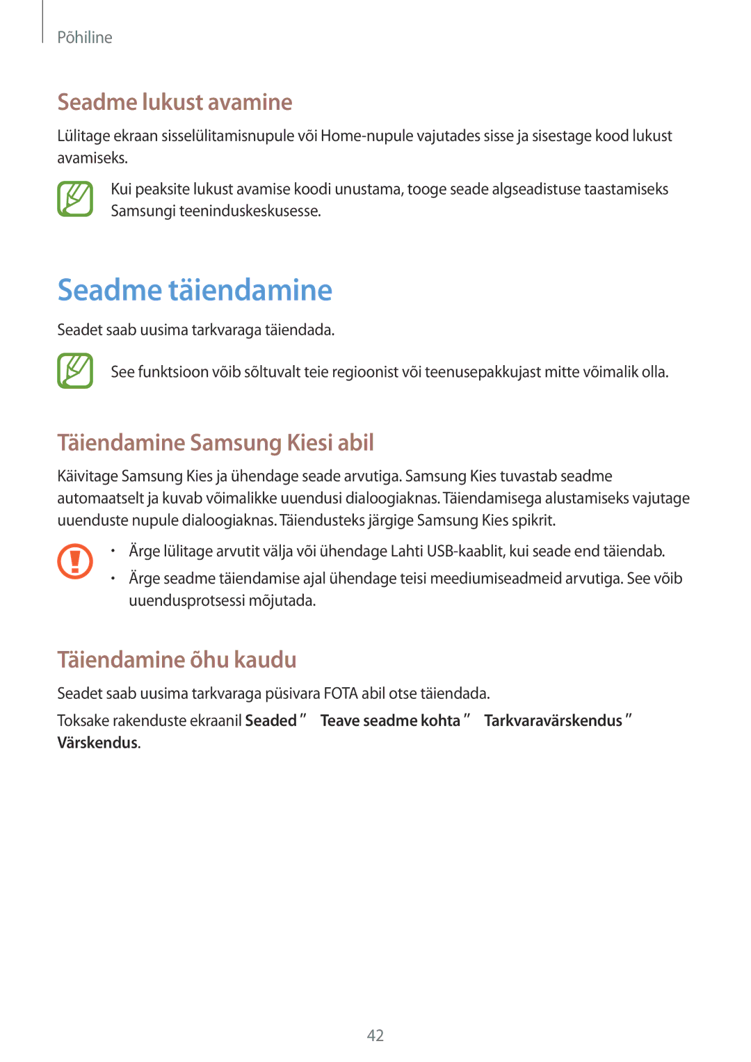 Samsung GT-I8190ZWZSEB Seadme täiendamine, Seadme lukust avamine, Täiendamine Samsung Kiesi abil, Täiendamine õhu kaudu 