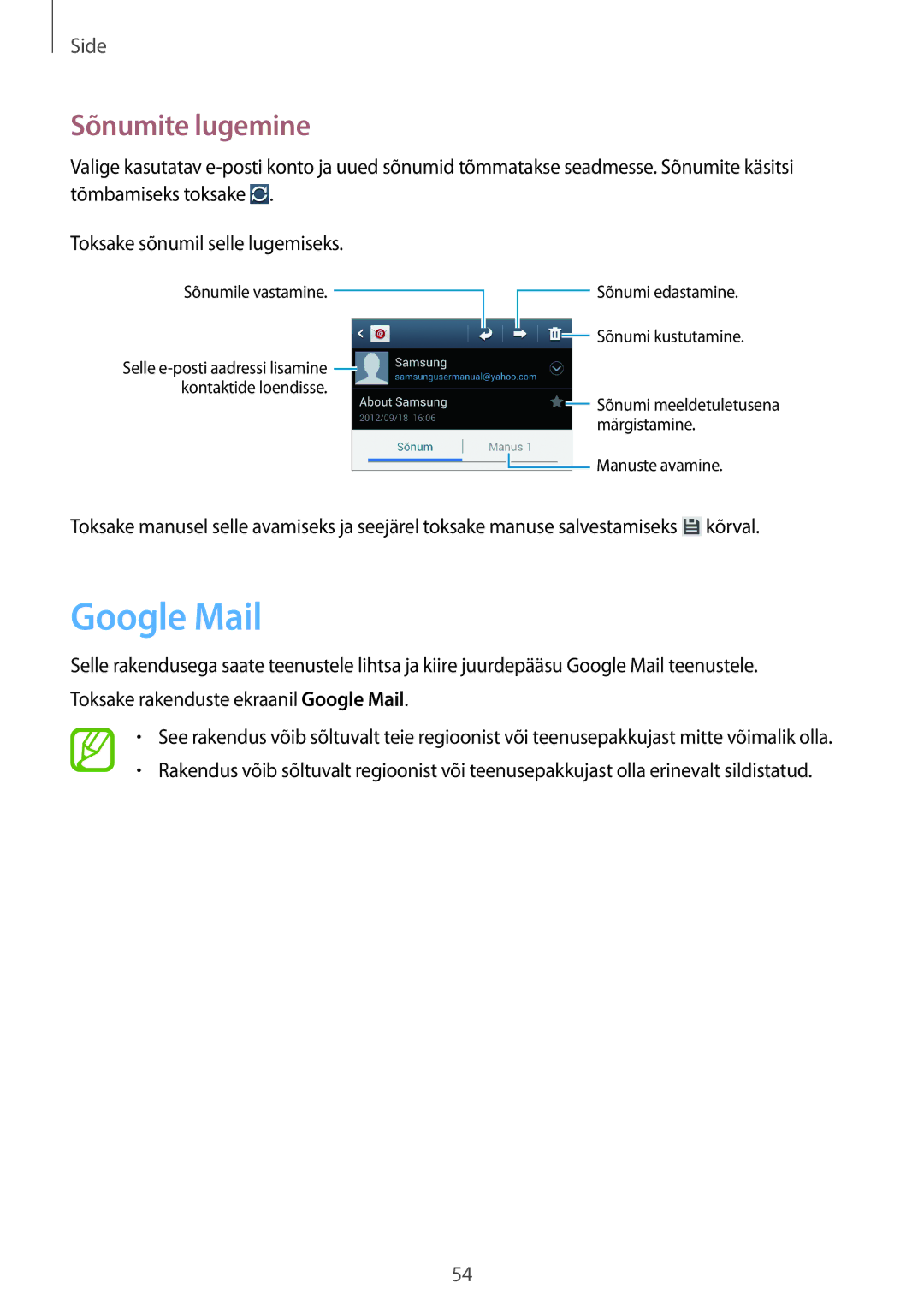 Samsung GT-I8190RWASEB, GT-I8190ZWWSEB, GT-I8190MBNSEB, GT-I8190ZWZSEB, GT-I8190RWNSEB manual Google Mail, Sõnumite lugemine 