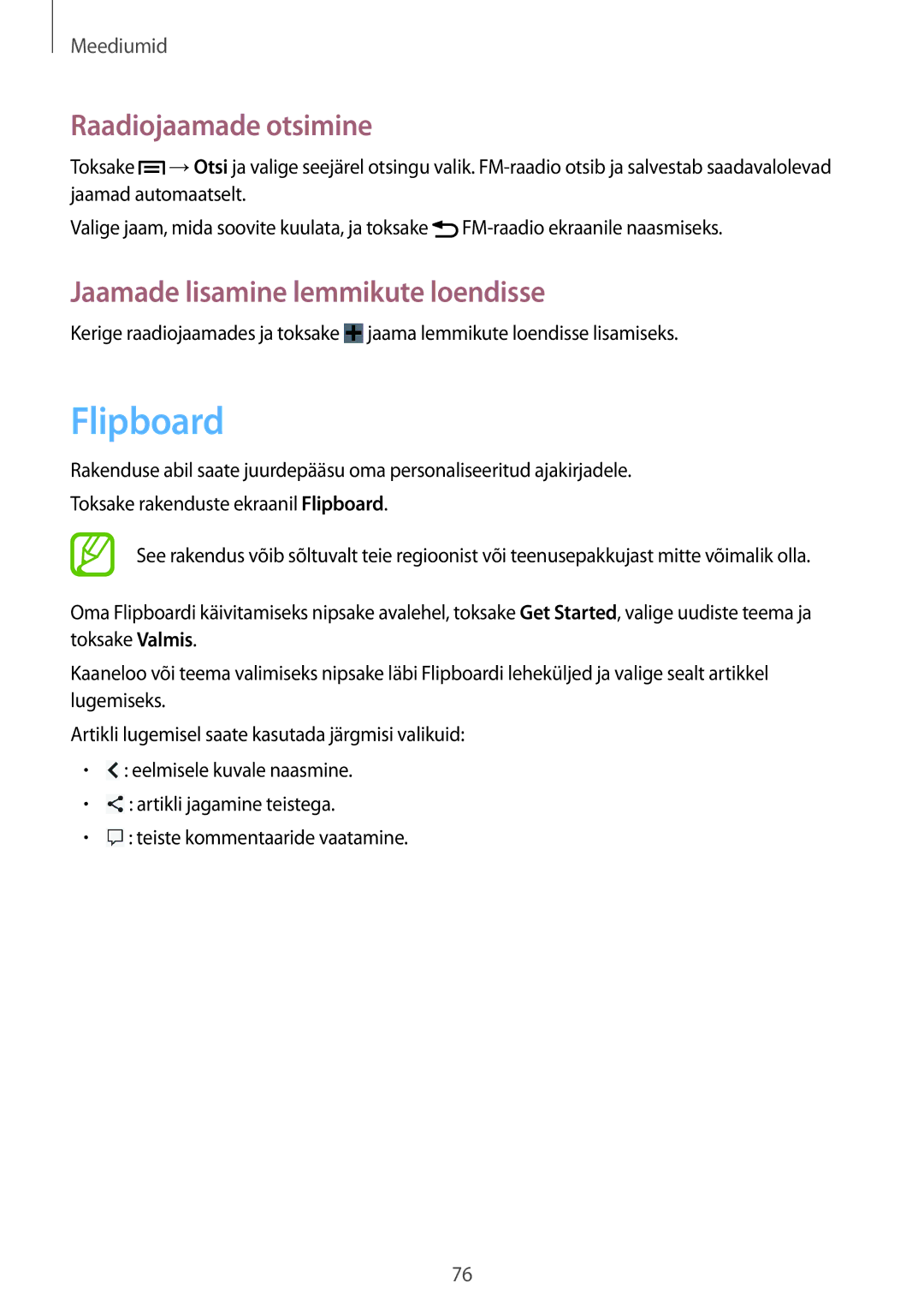 Samsung GT-I8190MBASEB, GT-I8190ZWWSEB manual Flipboard, Raadiojaamade otsimine, Jaamade lisamine lemmikute loendisse 