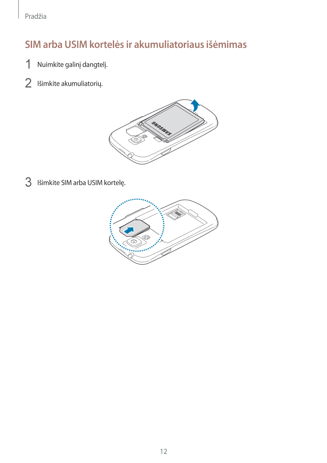 Samsung GT-I8190MBASEB, GT-I8190ZWWSEB, GT-I8190MBNSEB, GT-I8190ZWZSEB SIM arba Usim kortelės ir akumuliatoriaus išėmimas 