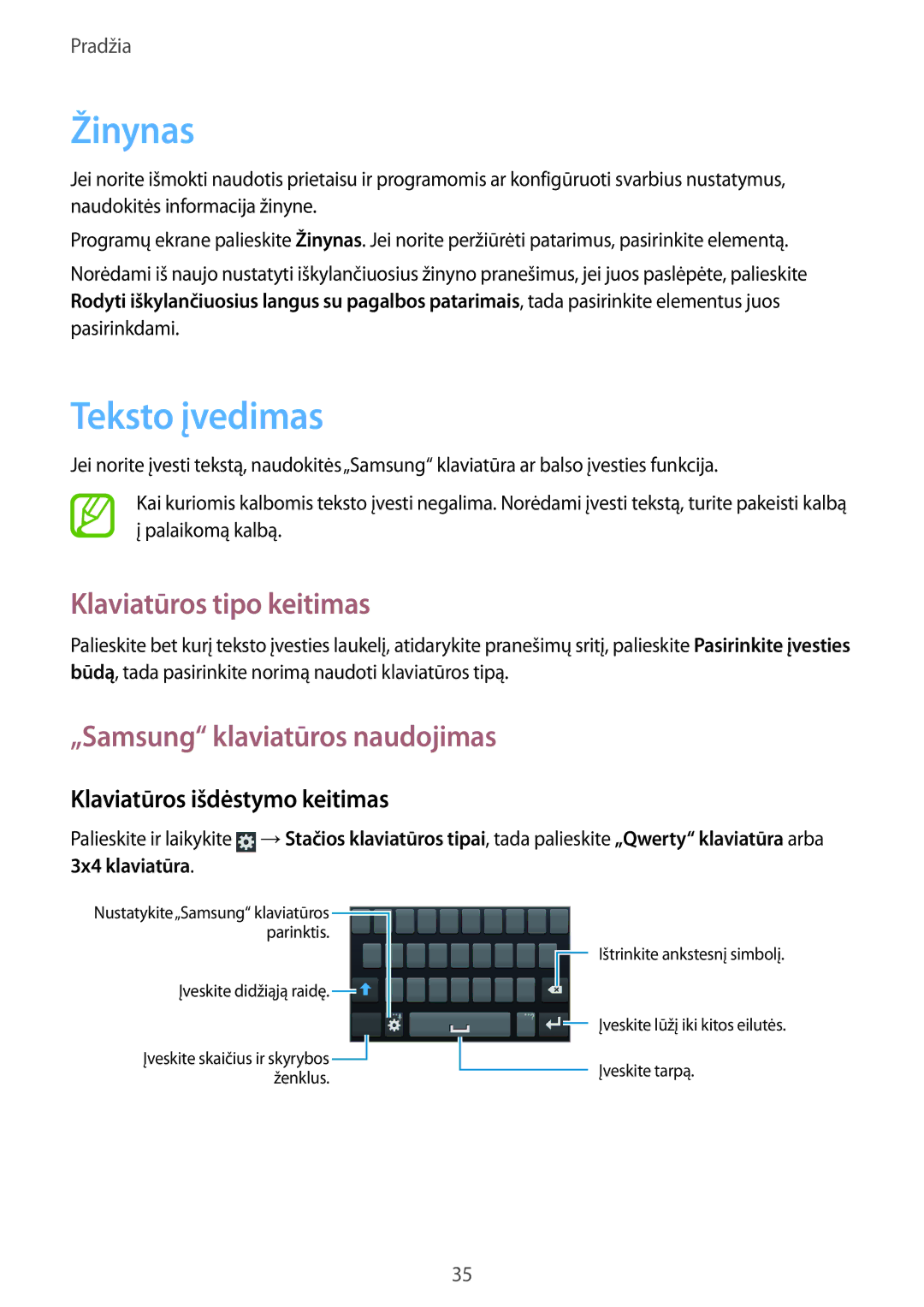 Samsung GT-I8190RWNSEB manual Žinynas, Teksto įvedimas, Klaviatūros tipo keitimas, „Samsung klaviatūros naudojimas 