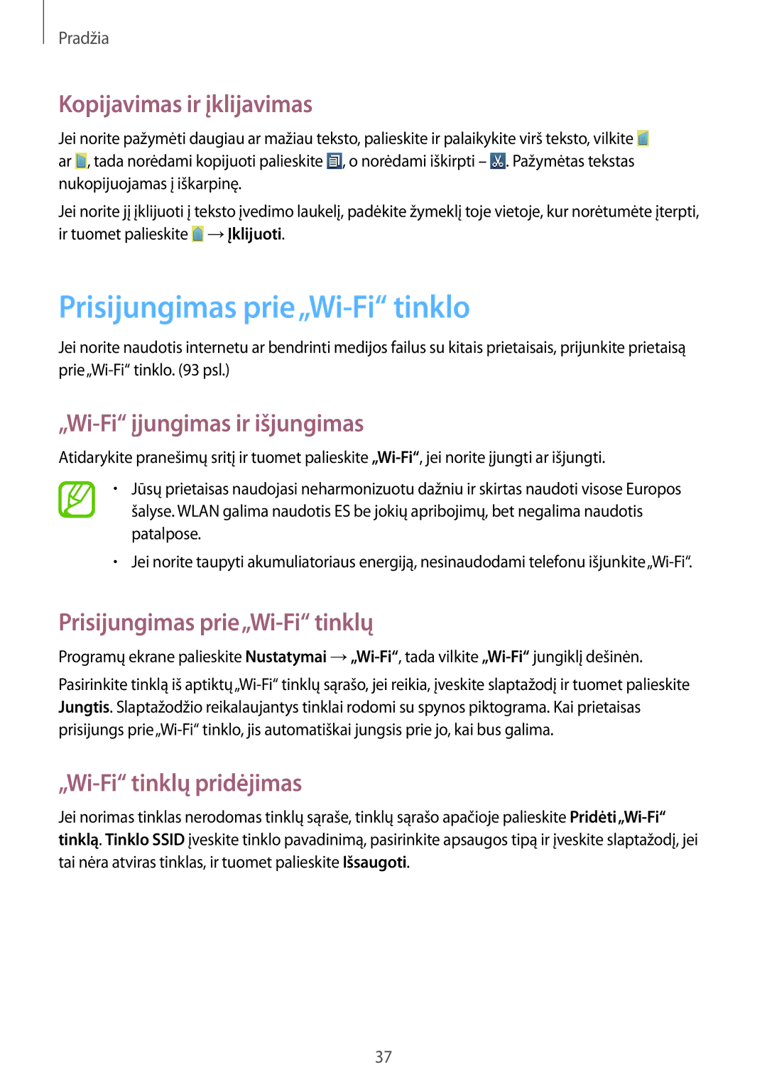 Samsung GT-I8190OKNSEB manual Prisijungimas prie„Wi-Fi tinklo, Kopijavimas ir įklijavimas, „Wi-Fi įjungimas ir išjungimas 