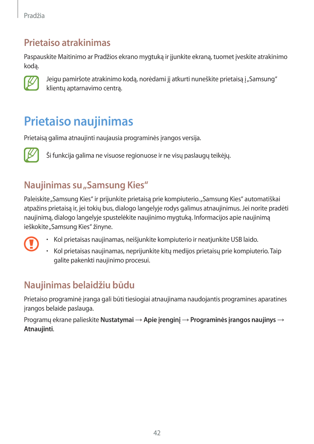 Samsung GT-I8190ZWZSEB Prietaiso naujinimas, Prietaiso atrakinimas, Naujinimas su„Samsung Kies, Naujinimas belaidžiu būdu 