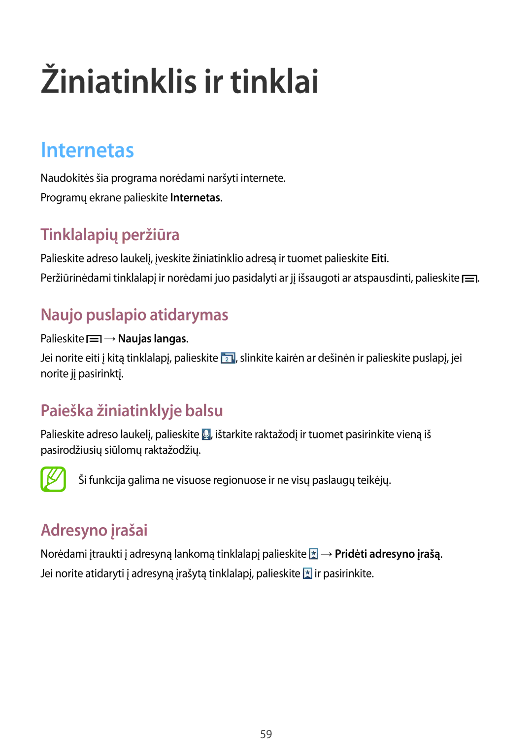 Samsung GT-I8190RWNSEB manual Internetas, Tinklalapių peržiūra, Naujo puslapio atidarymas, Paieška žiniatinklyje balsu 