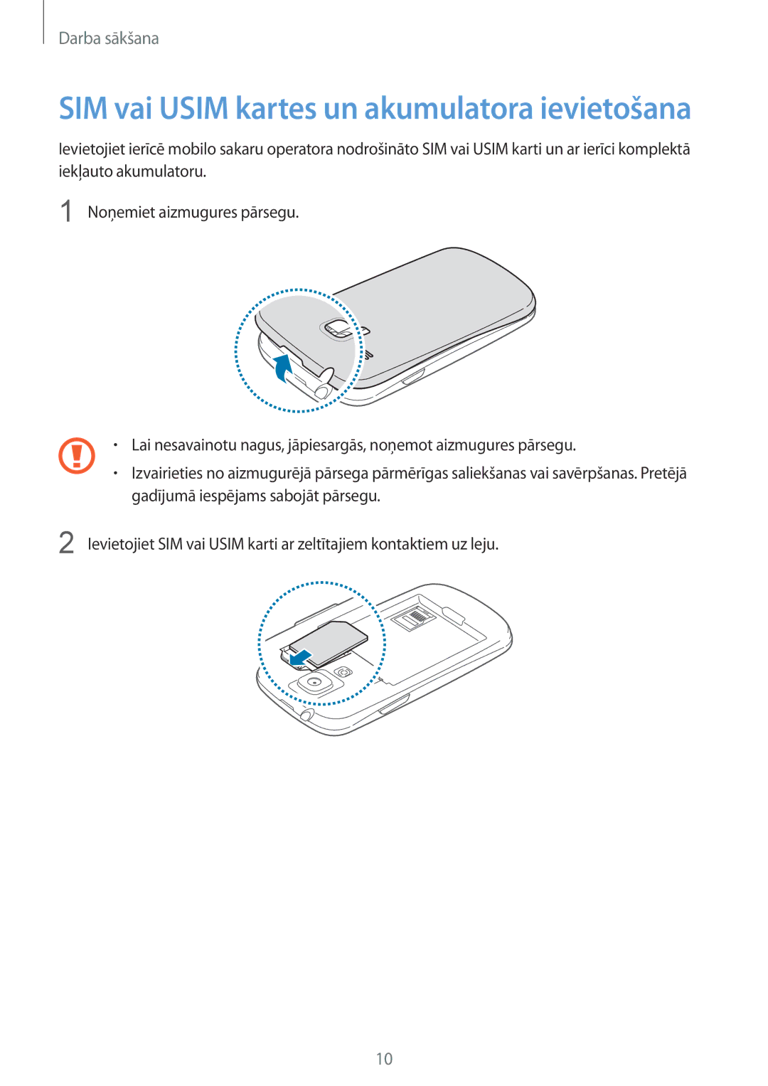 Samsung GT-I8190ZWZSEB, GT-I8190ZWWSEB, GT-I8190MBNSEB, GT-I8190RWNSEB manual SIM vai Usim kartes un akumulatora ievietošana 