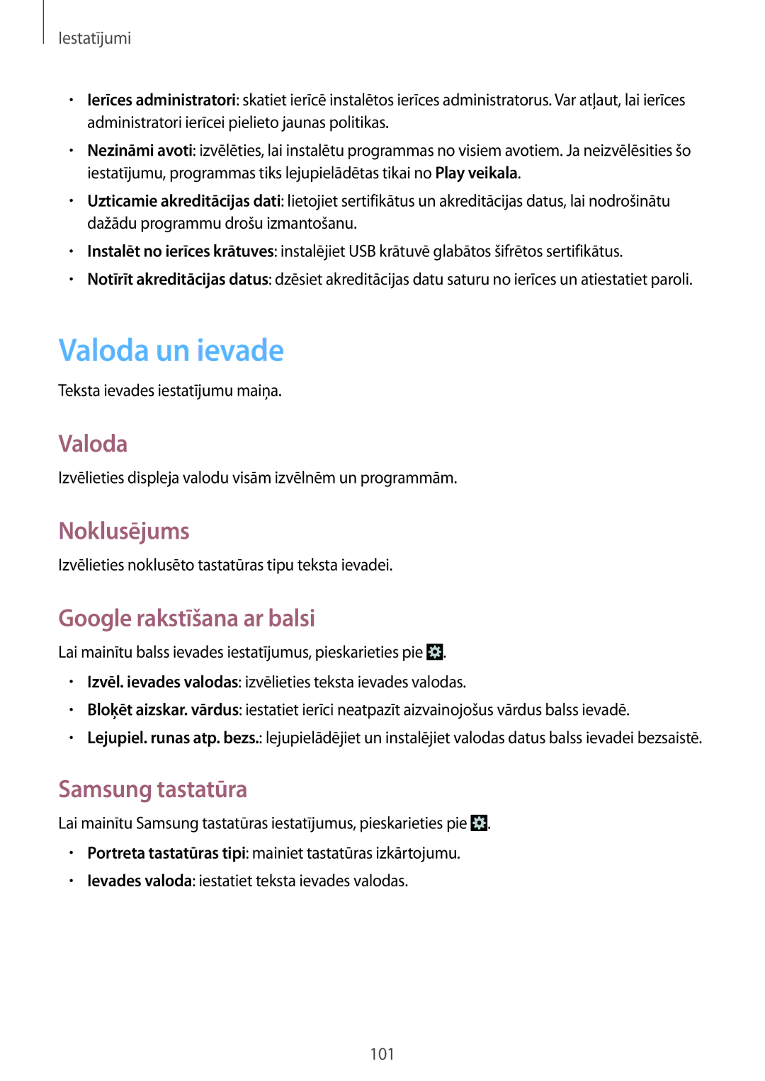 Samsung GT-I8190OKNSEB, GT-I8190ZWWSEB manual Valoda un ievade, Noklusējums, Google rakstīšana ar balsi, Samsung tastatūra 