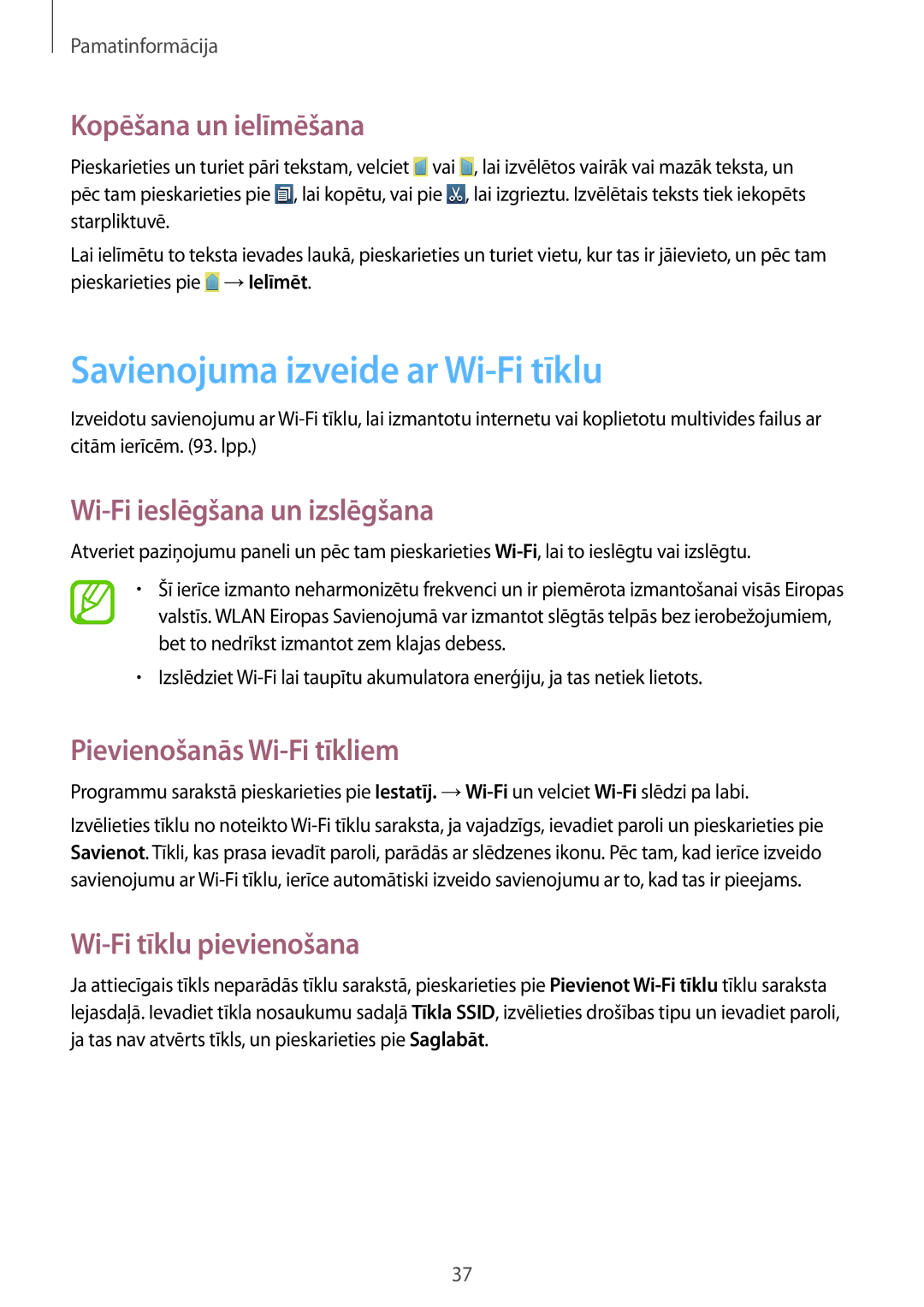 Samsung GT-I8190OKNSEB manual Savienojuma izveide ar Wi-Fi tīklu, Kopēšana un ielīmēšana, Wi-Fi ieslēgšana un izslēgšana 