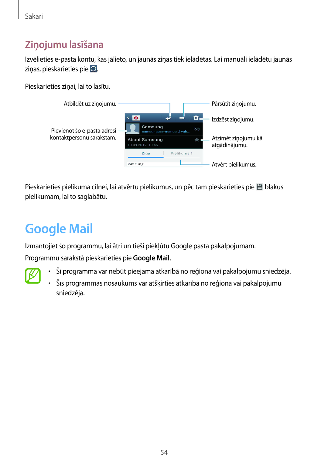 Samsung GT-I8190RWASEB, GT-I8190ZWWSEB, GT-I8190MBNSEB, GT-I8190ZWZSEB, GT-I8190RWNSEB manual Google Mail, Ziņojumu lasīšana 