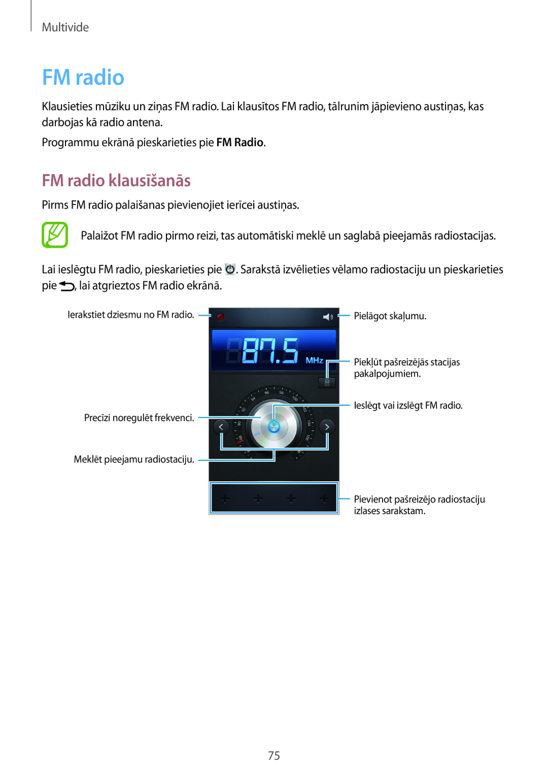 Samsung GT-I8190RWNSEB, GT-I8190ZWWSEB, GT-I8190MBNSEB, GT-I8190ZWZSEB, GT-I8190MBASEB manual FM radio klausīšanās 