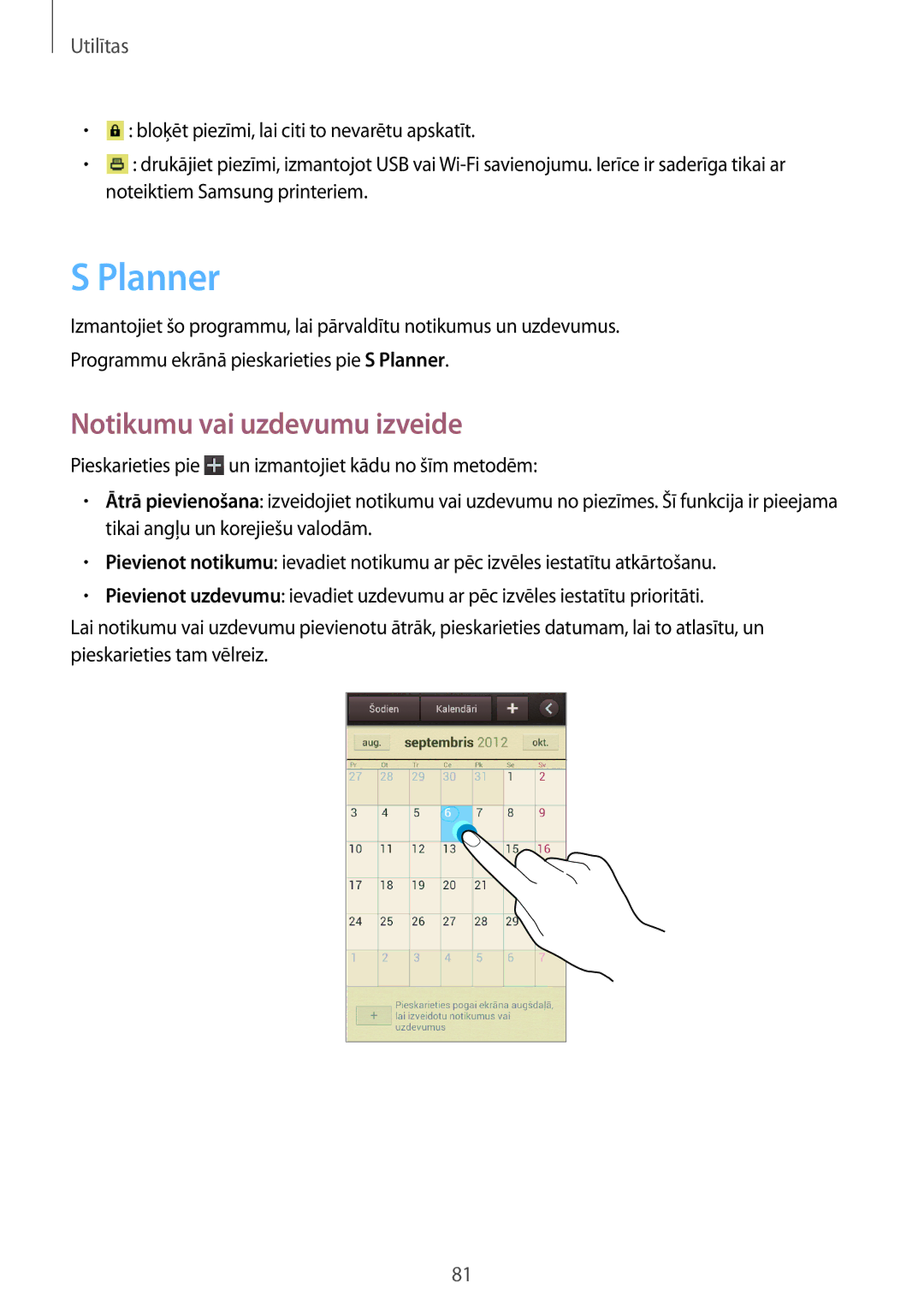 Samsung GT-I8190MBNSEB, GT-I8190ZWWSEB, GT-I8190ZWZSEB, GT-I8190RWNSEB, GT-I8190MBASEB Planner, Notikumu vai uzdevumu izveide 