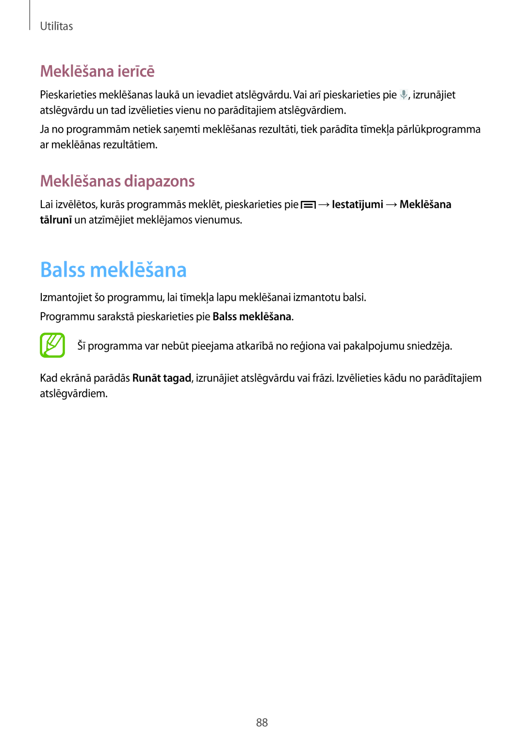 Samsung GT-I8190ZWWSEB, GT-I8190MBNSEB, GT-I8190ZWZSEB manual Balss meklēšana, Meklēšana ierīcē, Meklēšanas diapazons 