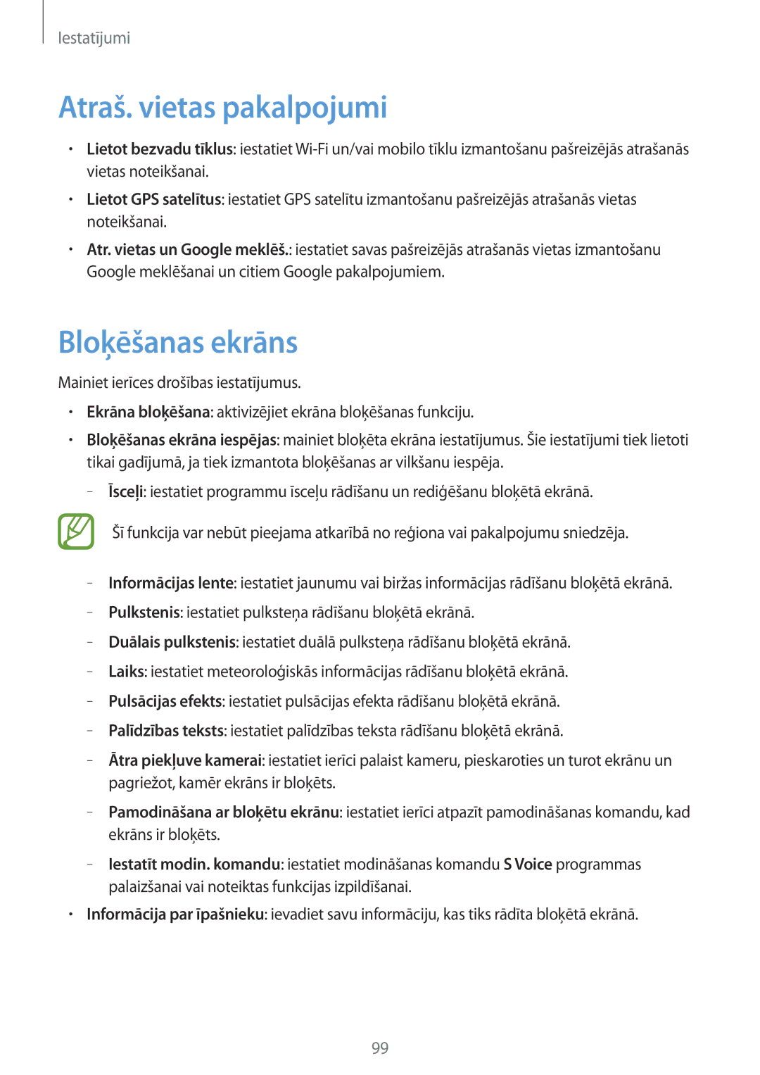 Samsung GT-I8190RWNSEB, GT-I8190ZWWSEB, GT-I8190MBNSEB, GT-I8190ZWZSEB manual Atraš. vietas pakalpojumi, Bloķēšanas ekrāns 