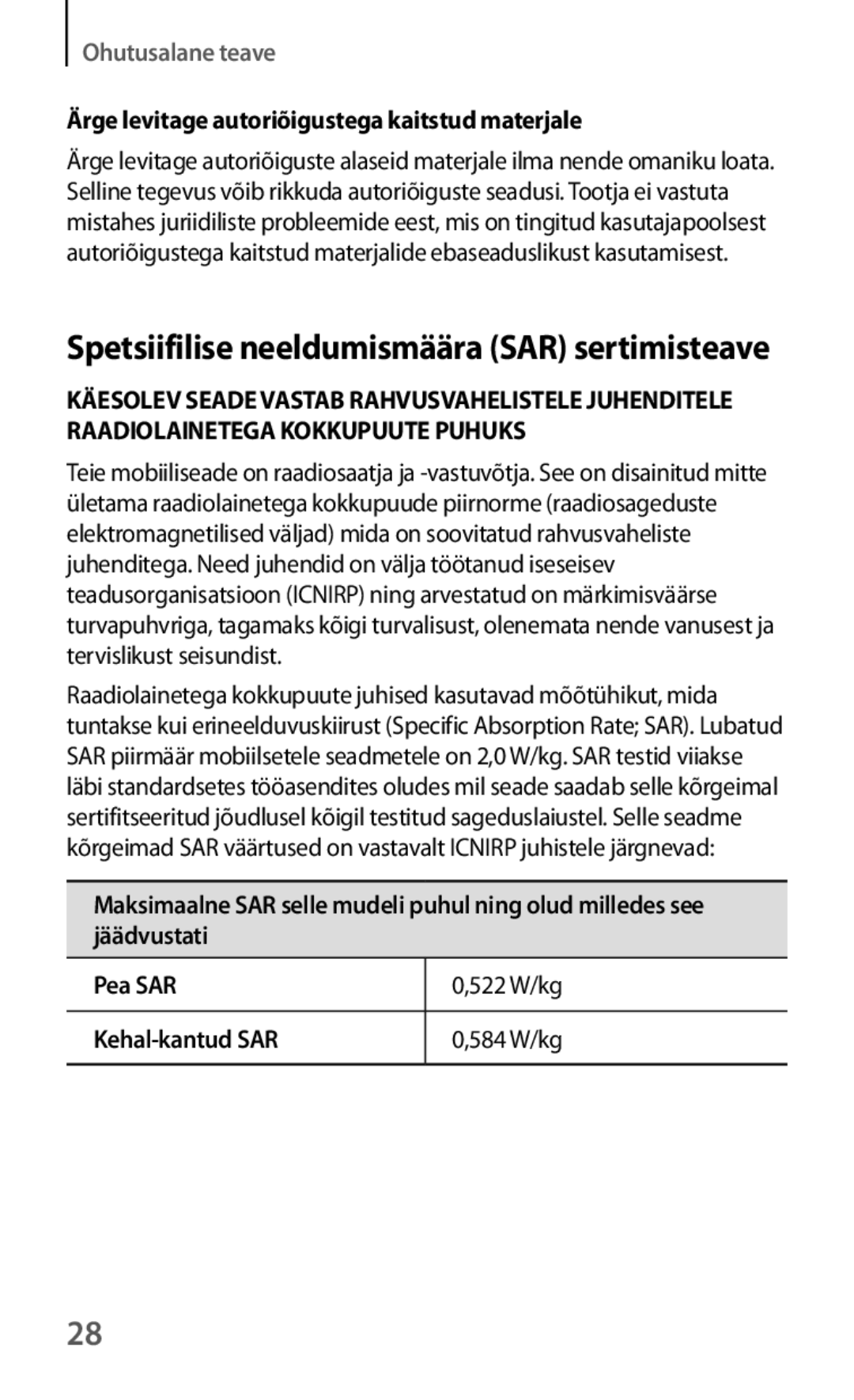 Samsung GT-I8190MBASEB Spetsiifilise neeldumismäära SAR sertimisteave, Ärge levitage autoriõigustega kaitstud materjale 