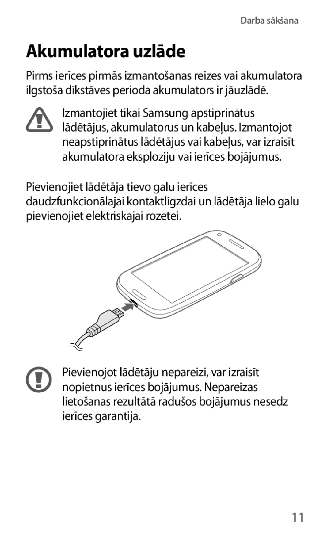 Samsung GT-I8190RWNSEB, GT-I8190ZWWSEB, GT-I8190MBNSEB, GT-I8190ZWZSEB, GT-I8190MBASEB, GT-I8190OKNSEB manual Akumulatora uzlāde 