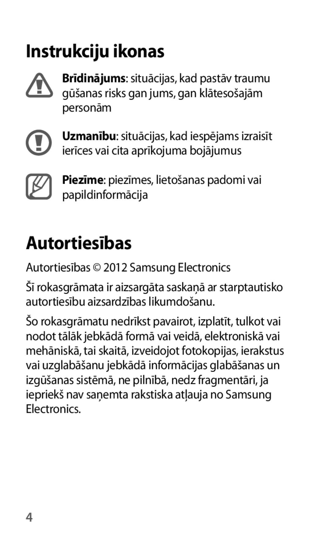 Samsung GT-I8190MBASEB, GT-I8190ZWWSEB, GT-I8190MBNSEB, GT-I8190ZWZSEB, GT-I8190RWNSEB manual Instrukciju ikonas, Autortiesības 