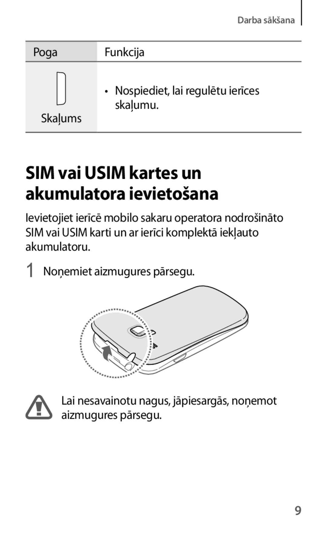 Samsung GT-I8190MBNSEB, GT-I8190ZWWSEB, GT-I8190ZWZSEB, GT-I8190RWNSEB manual SIM vai Usim kartes un akumulatora ievietošana 