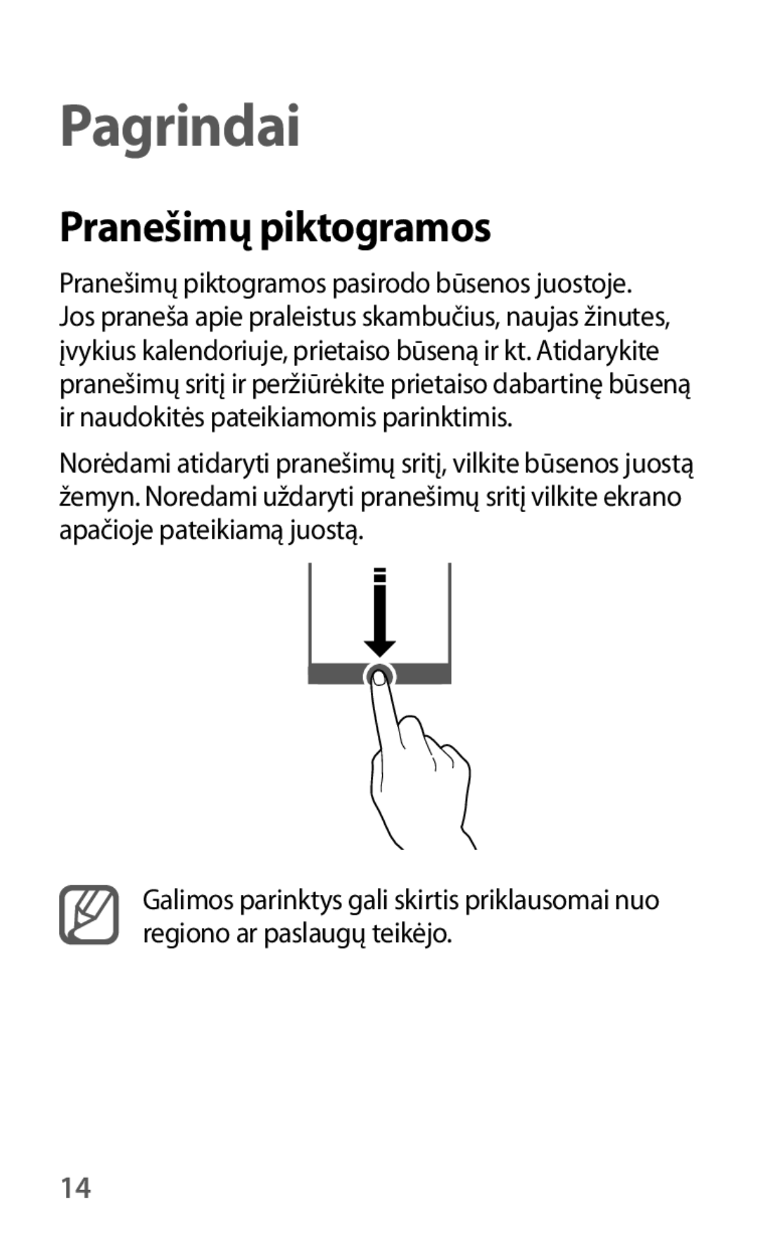 Samsung GT-I8190RWASEB, GT-I8190ZWWSEB, GT-I8190MBNSEB, GT-I8190ZWZSEB, GT-I8190RWNSEB manual Pagrindai, Pranešimų piktogramos 